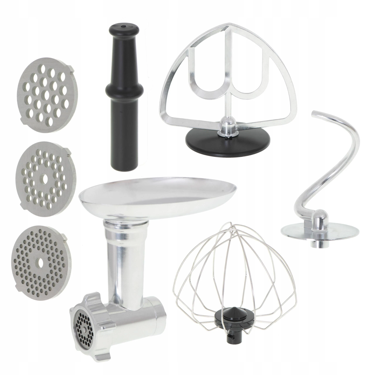 Vari accessori per elettrodomestici da cucina, tra cui piastre per macinare, un pestello, una paletta mescolatrice, un gancio impastatore e una frusta.