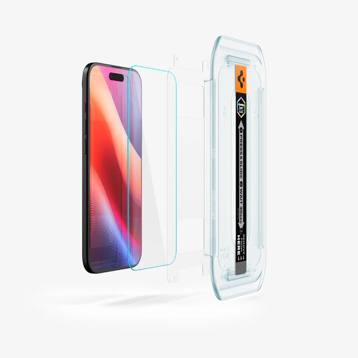 Telefono con componenti per la protezione dello schermo. Il telefono mostra uno schermo colorato. Protezione e applicatore sono accanto al telefono.