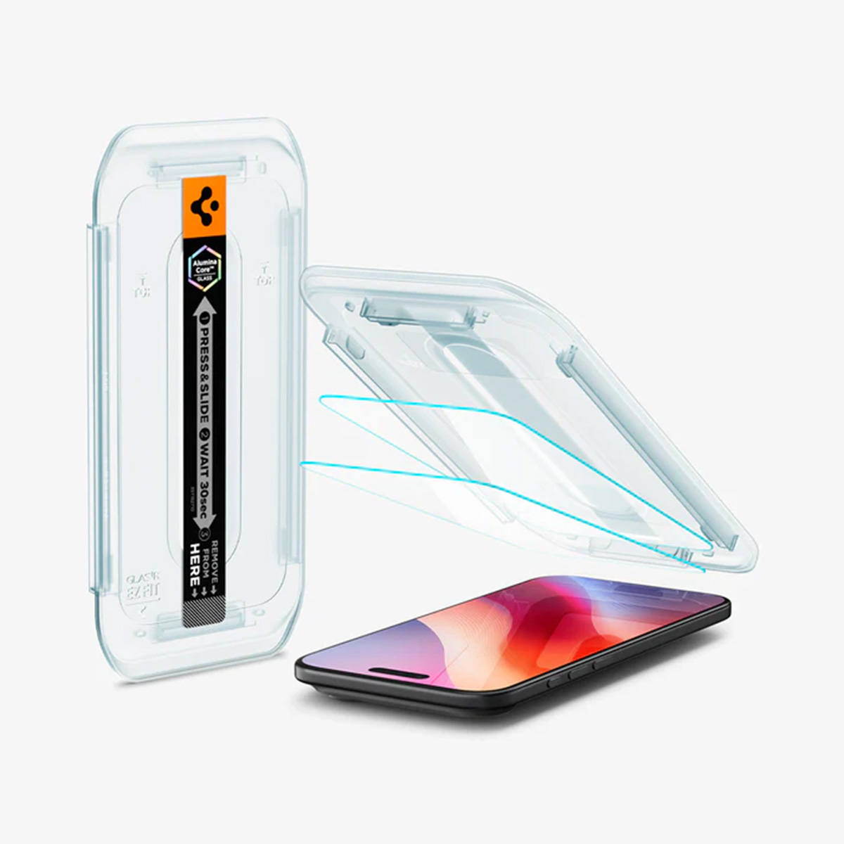 Un telefono con un set di protezione schermo, inclusi custodia, telefono e protezione, con istruzioni per l'applicazione.