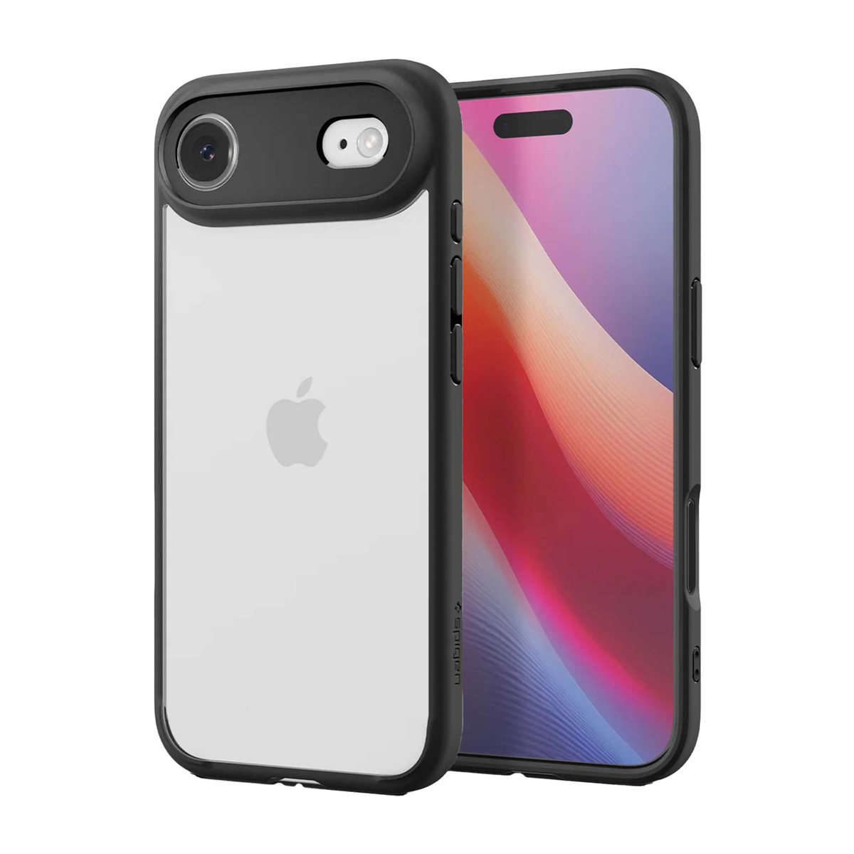 Un iPhone dans un étui noir et transparent. Le téléphone affiche un écran coloré. L'étui a une section caméra noire et un logo Spigen.