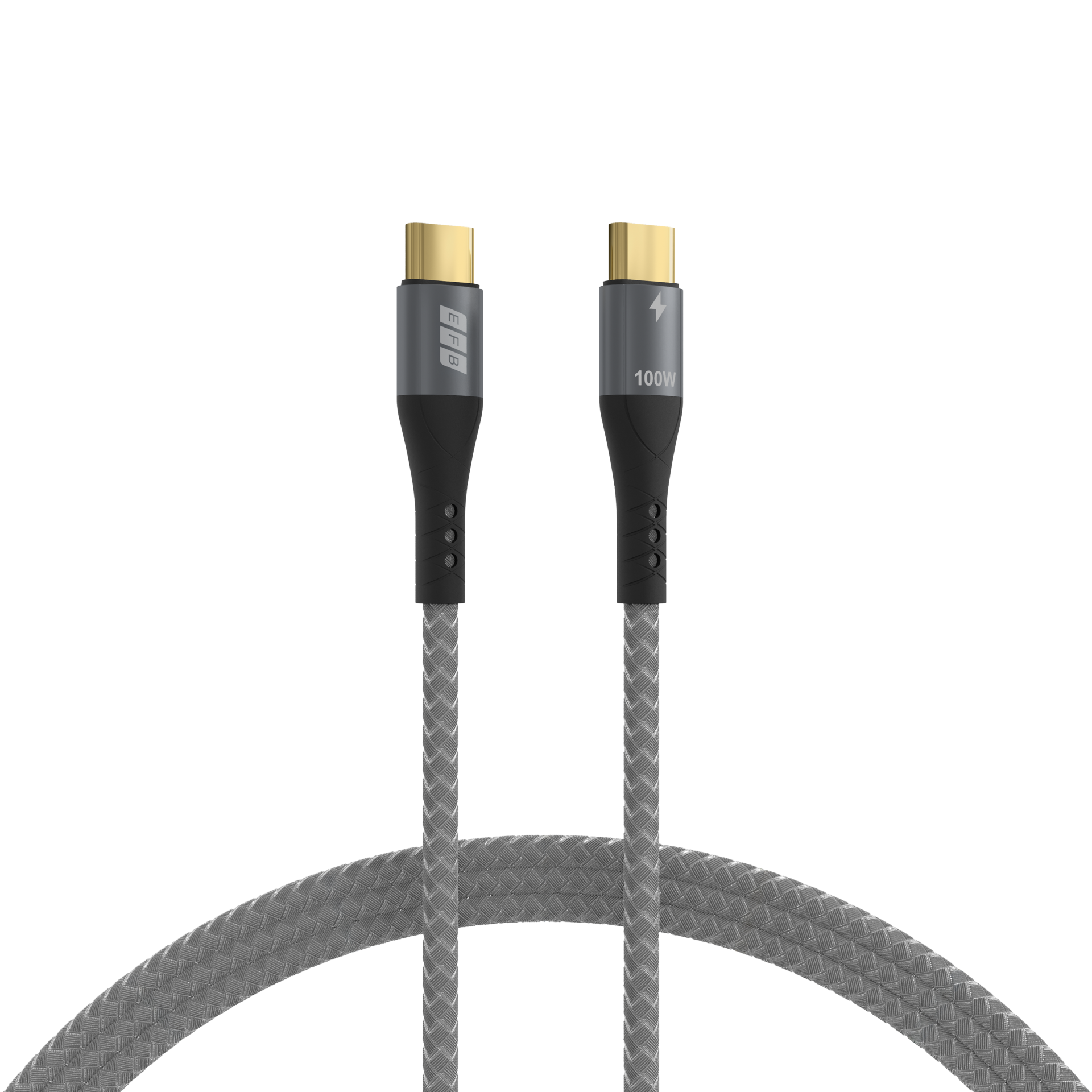 Zwei geflochtene USB-C-Kabel. Eines hat den Text '100W' und einen Blitz. Beide haben goldene Anschlüsse und graue geflochtene Kabel.