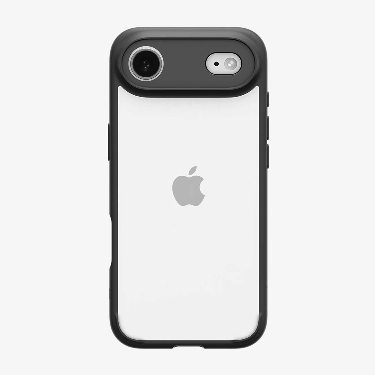 Une coque de téléphone avec une section supérieure noire abritant les lentilles de l'appareil photo et un corps blanc avec le logo Apple. Cadre noir.
