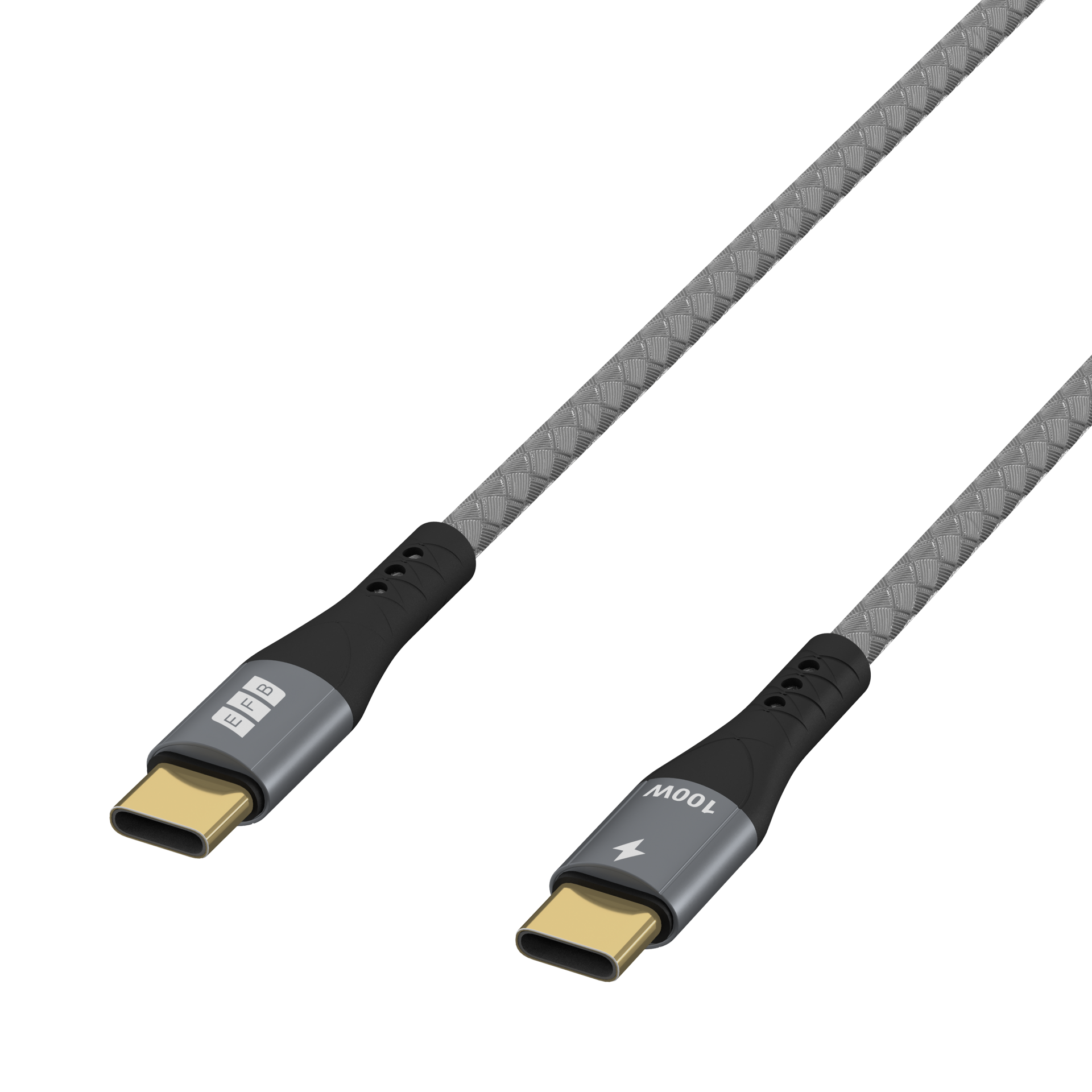Zwei USB-C-Ladekabel auf weißem Hintergrund. Beide haben graue geflochtene Kabel und schwarze Stecker. Eines ist mit 100W bedruckt.