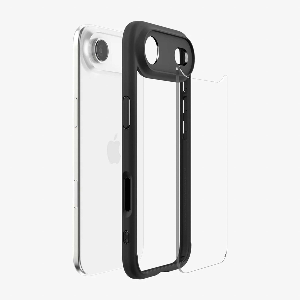 Un iPhone transparent avec un étui de protection noir et un protecteur d'écran transparent séparé, sur fond blanc.