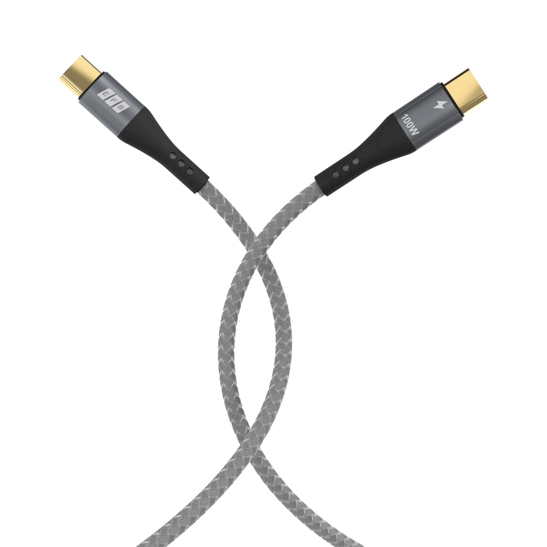 Zwei graue, geflochtene USB-C-Kabel kreuzen sich, mit goldenen Anschlüssen und schwarzen Akzenten. Weißer Hintergrund.