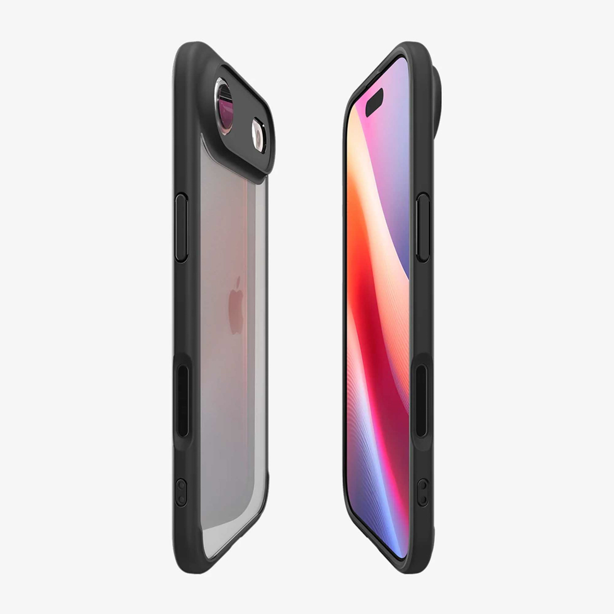 Deux smartphones dans des étuis noirs, l'un avec un dos transparent et le logo Apple, l'autre affichant un écran coloré.