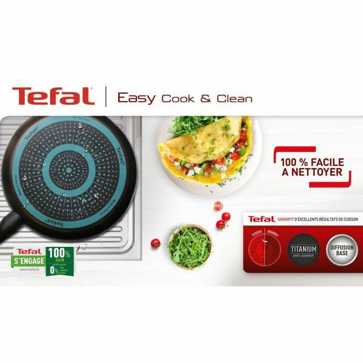 Tefal-Pfanne mit Omelett und frischen Kräutern. Der Text hebt einfaches Kochen und Reinigen hervor.