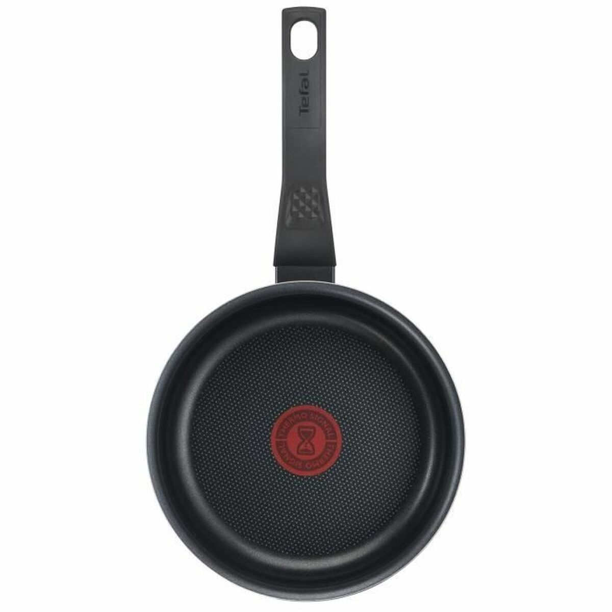Eine schwarze Tefal-Bratpfanne mit langem Griff, strukturierter Kochfläche und rotem Logo in der Mitte.