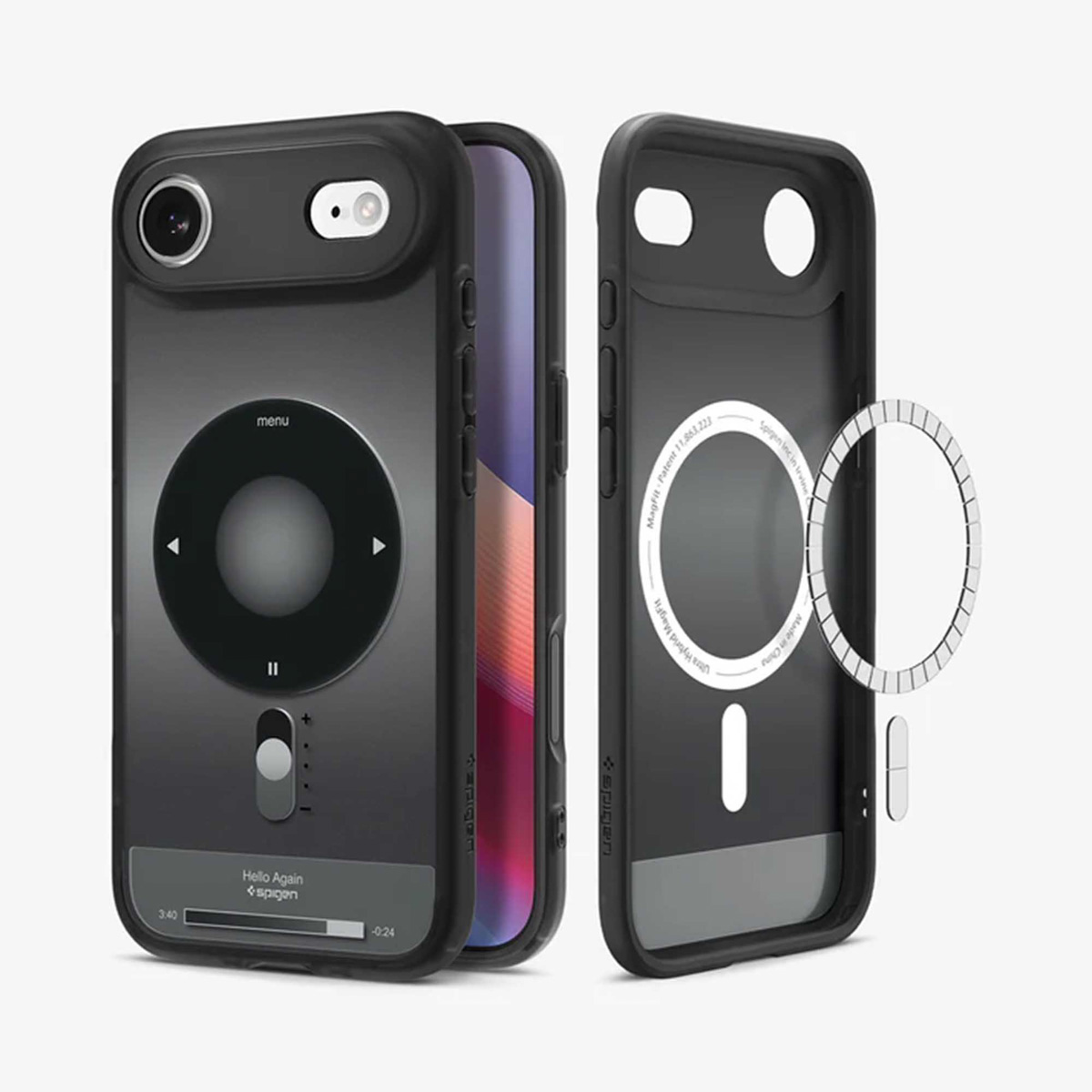 Coque de téléphone noire avec un design de contrôle circulaire. Il y a un iPhone à l'intérieur. La coque est ouverte. Un anneau et une petite pièce sont à côté.
