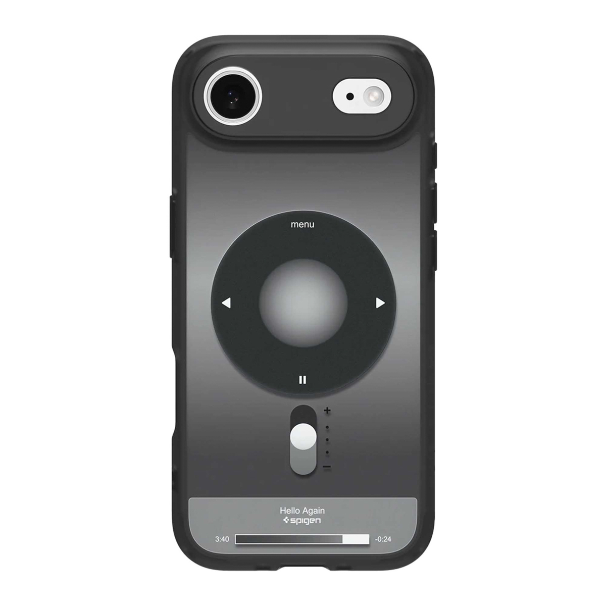 Une coque de téléphone avec une interface iPod. Elle a un cadre noir, un écran gris, une commande circulaire et le mot 'menu'.
