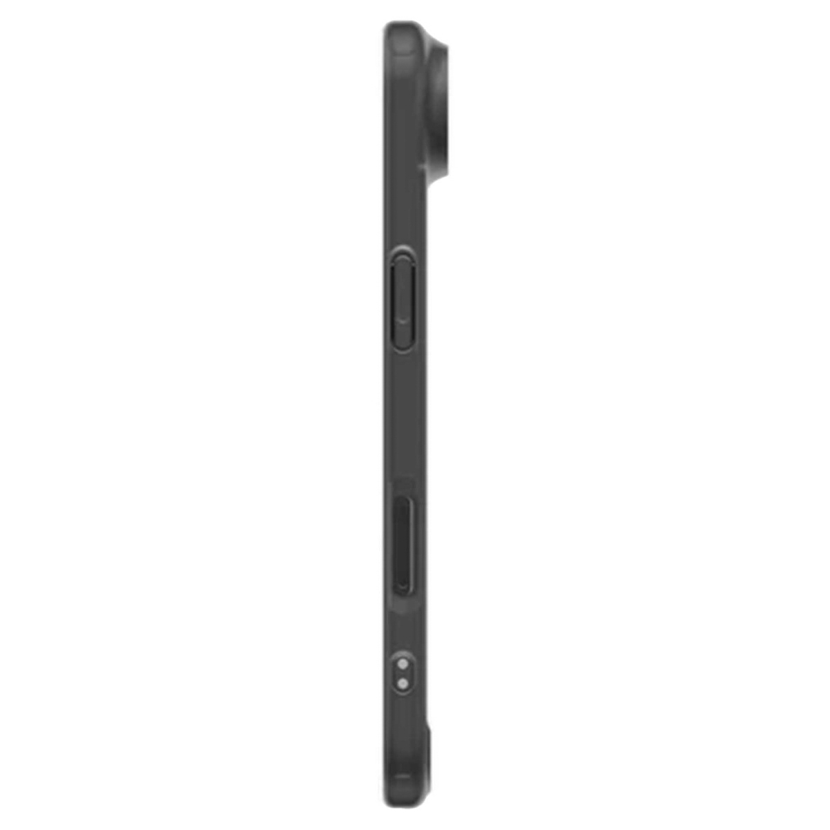 Vue latérale d'une coque de téléphone noire avec une bosse pour l'appareil photo et des détails de boutons. Elle a un design élégant et minimaliste.