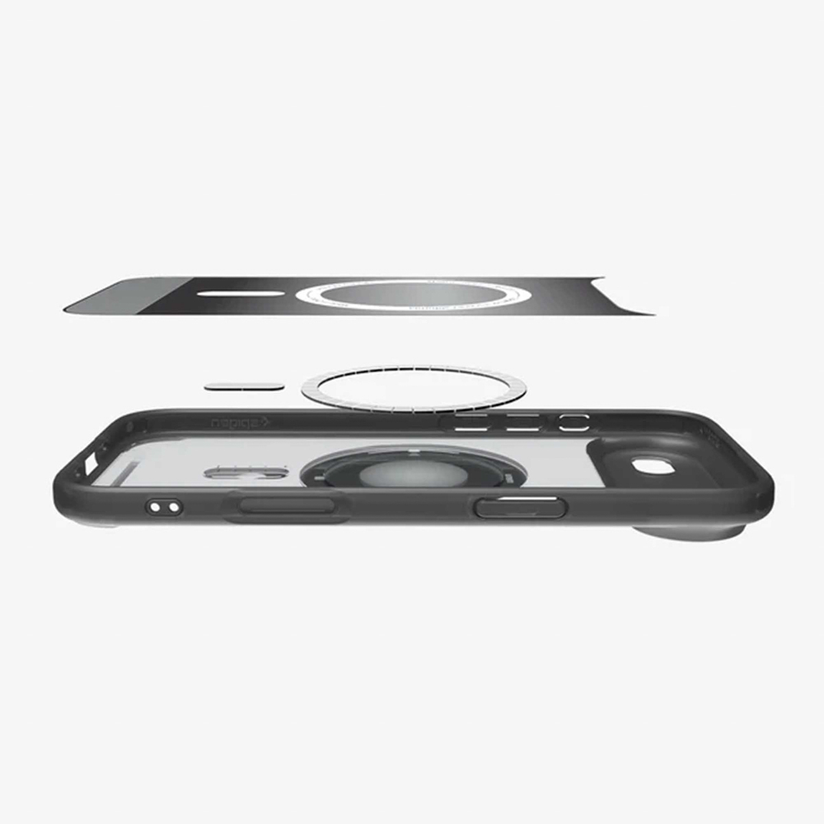 Vue éclatée d'une coque de téléphone. Il a un cadre noir avec un dos transparent et un anneau magnétique. Les pièces sont séparées.