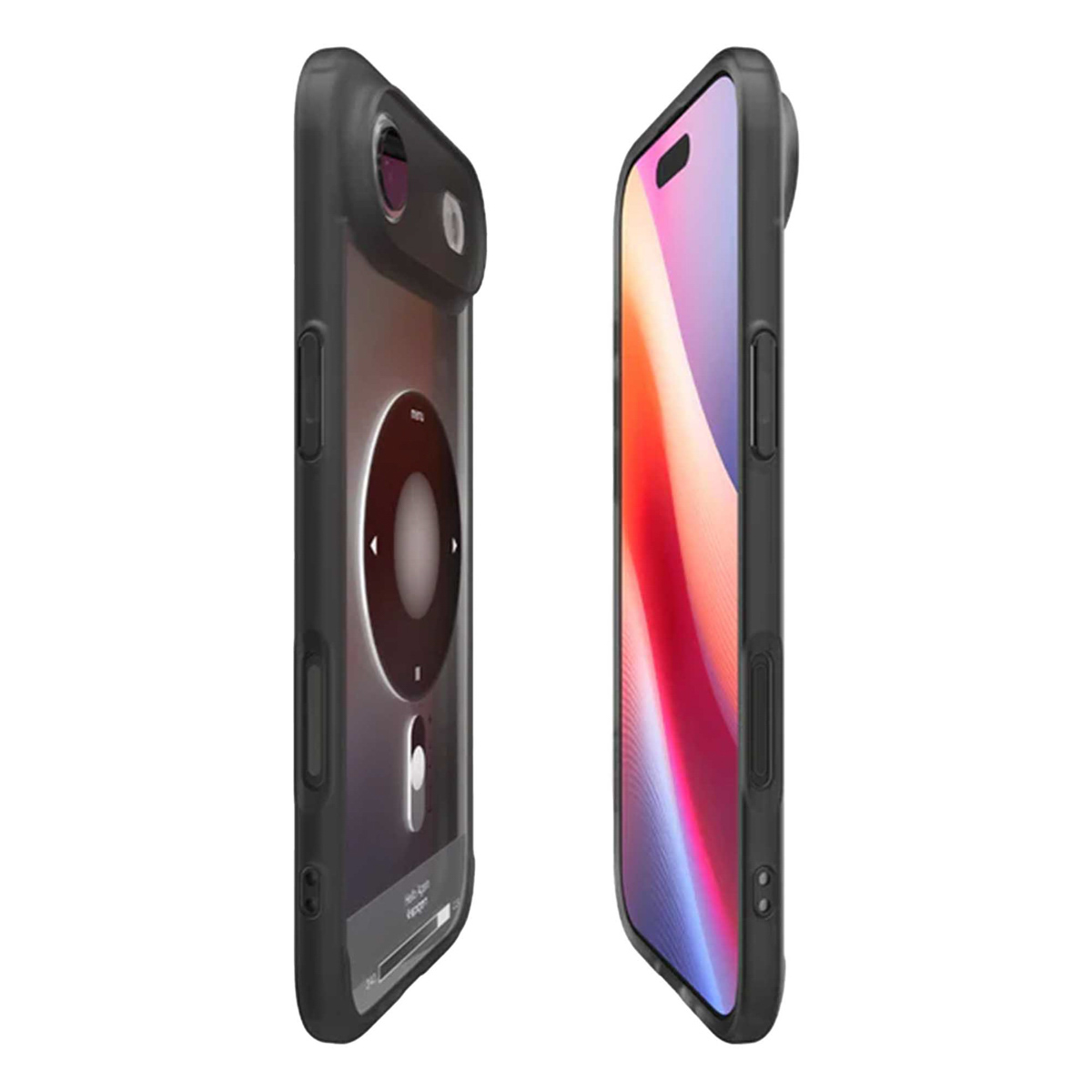 Deux téléphones dans des étuis noirs, l'un avec une interface circulaire, l'autre avec une image abstraite colorée. Les deux orientés vers le spectateur.