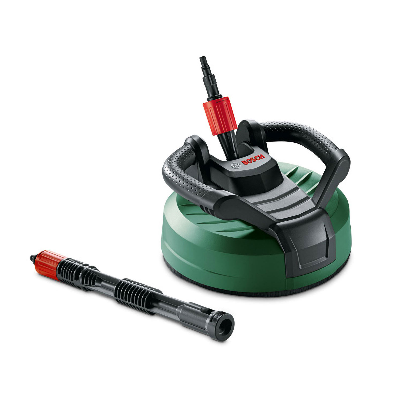 Idropulitrice con base verde, manico nero e ugello nero separato con connettori rossi. Logo Bosch presente.