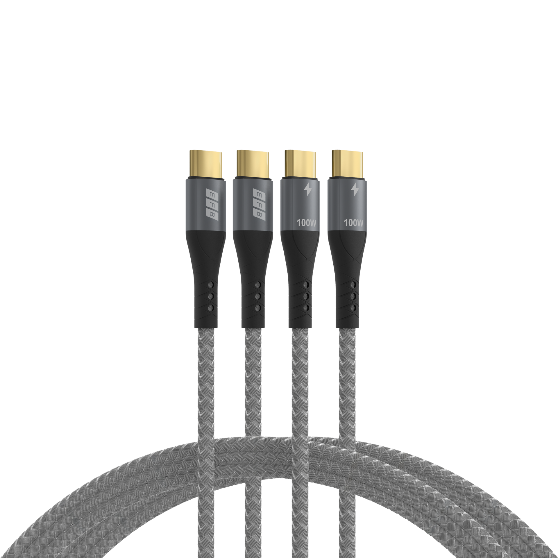 Vier USB-C-Kabel mit grauen geflochtenen Kabeln und goldfarbenen Steckern. Die Stecker haben einen grauen Sockel mit Logo und 100W-Etikett.