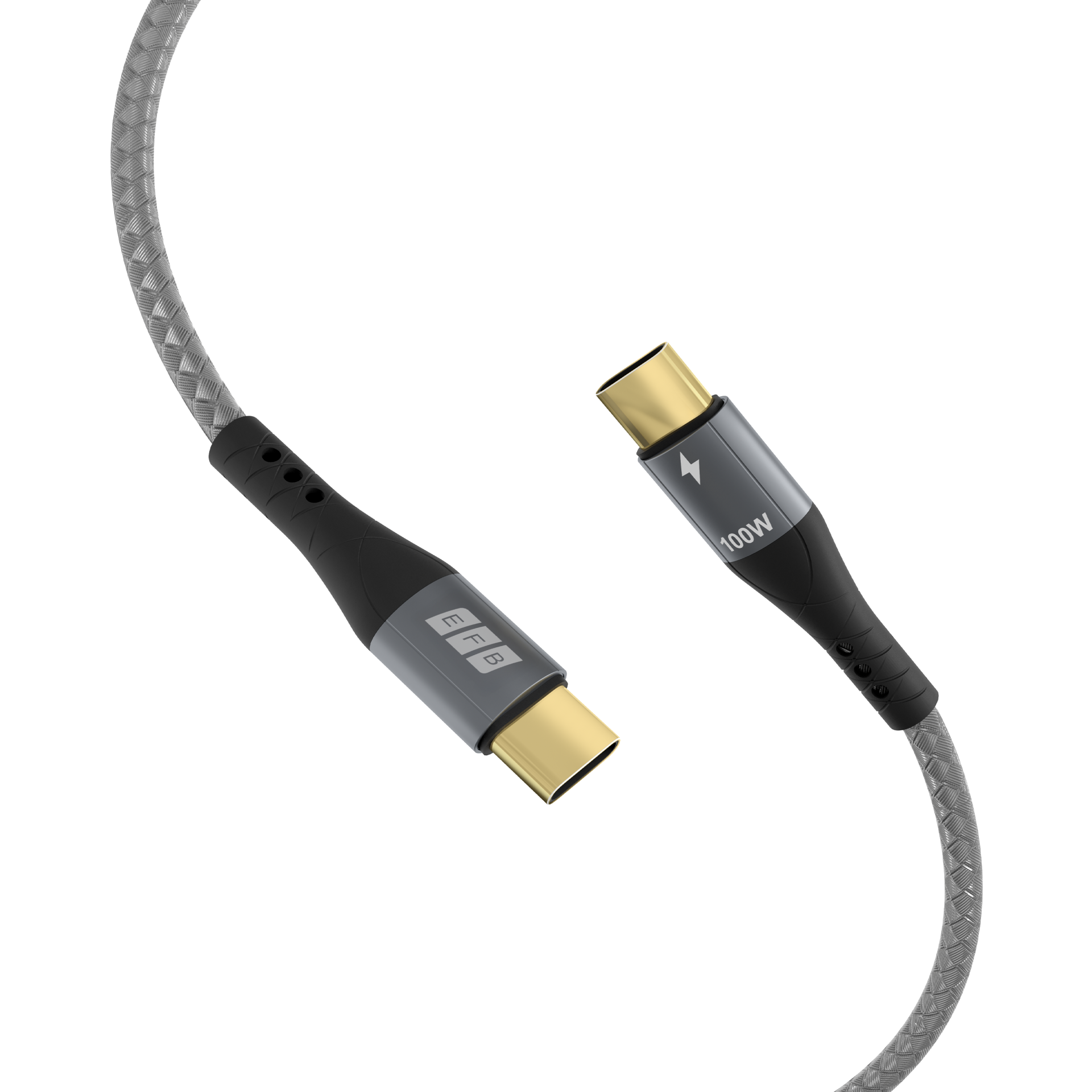 Ein graues und schwarzes USB-C-Kabel mit goldenen Steckern. Das Kabel ist geteilt und gegen einen weißen Hintergrund abgewinkelt.