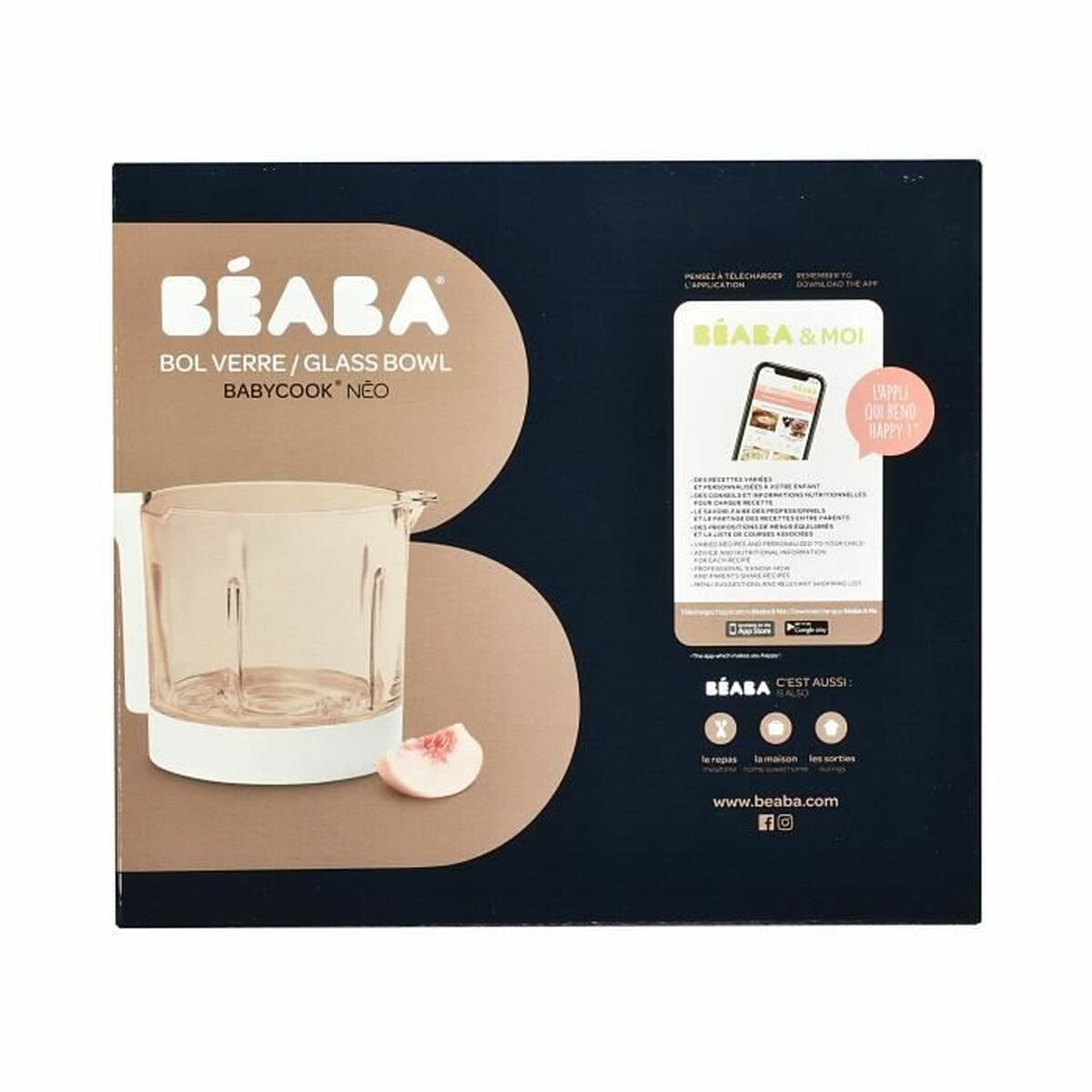 Schachtel mit Glasbehälter, Pfirsichscheibe und App-Details. Text lautet 'BÉABA' und 'BABYCOOK NEO'.