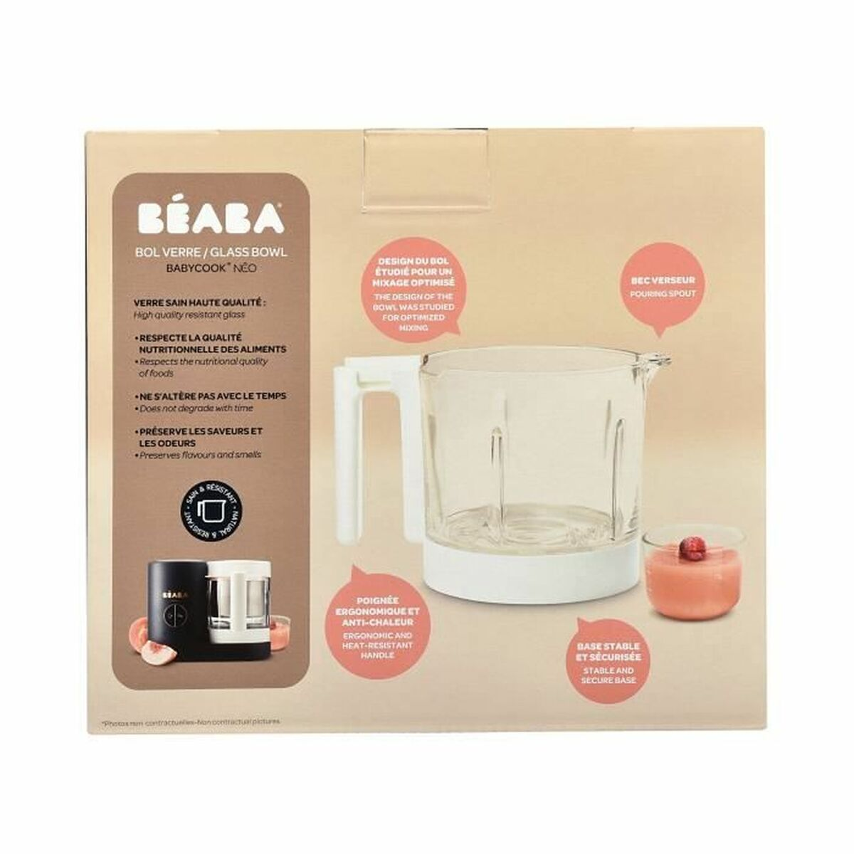 Karton mit Béaba Babycook Neo. Es zeigt eine Glasschüssel mit Griff, einen kleinen Becher mit rosa Püree und Produktmerkmale.