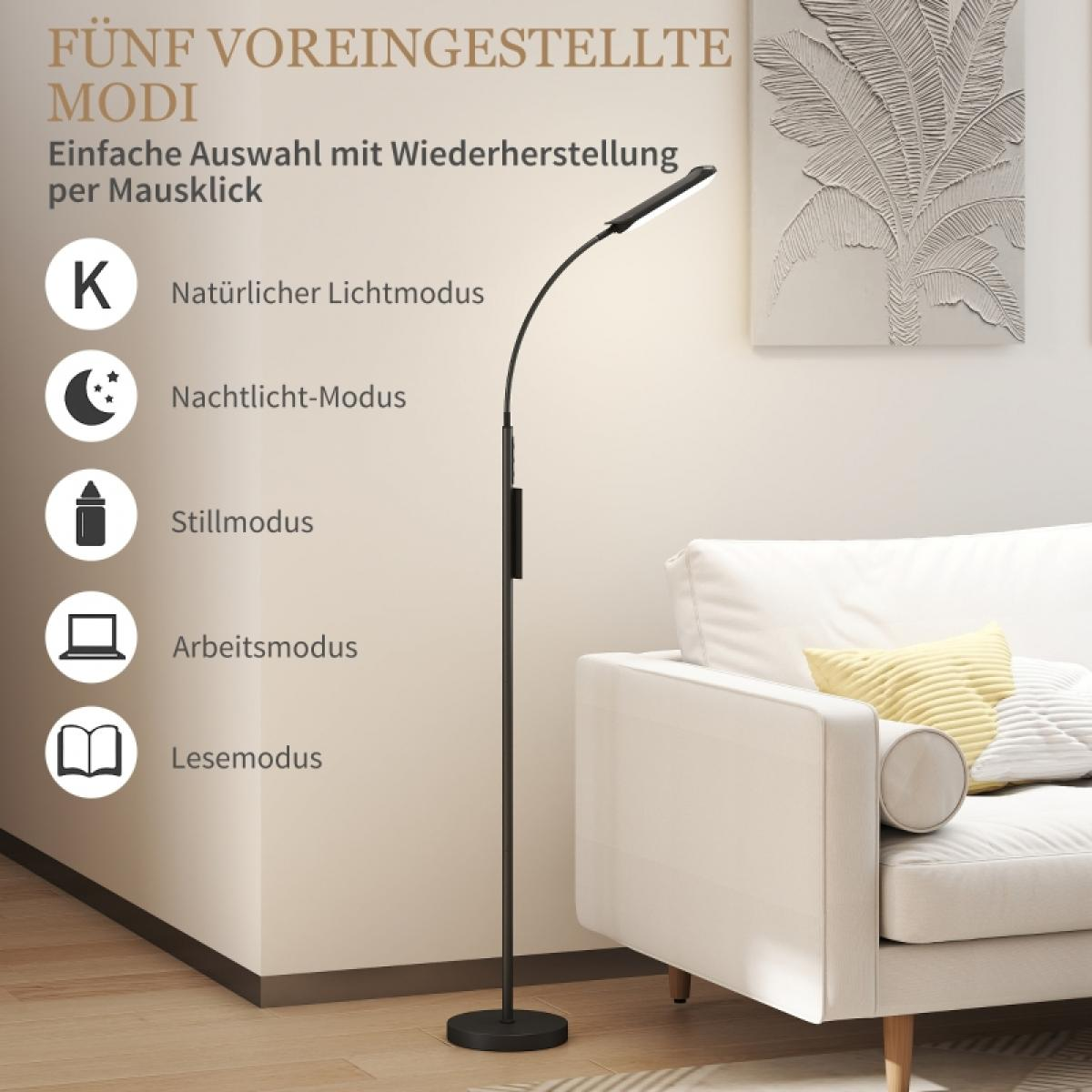Eine schwarze Stehlampe neben einem weißen Sofa. Text links beschreibt Lichtmodi. Ein Bild hängt an der Wand.