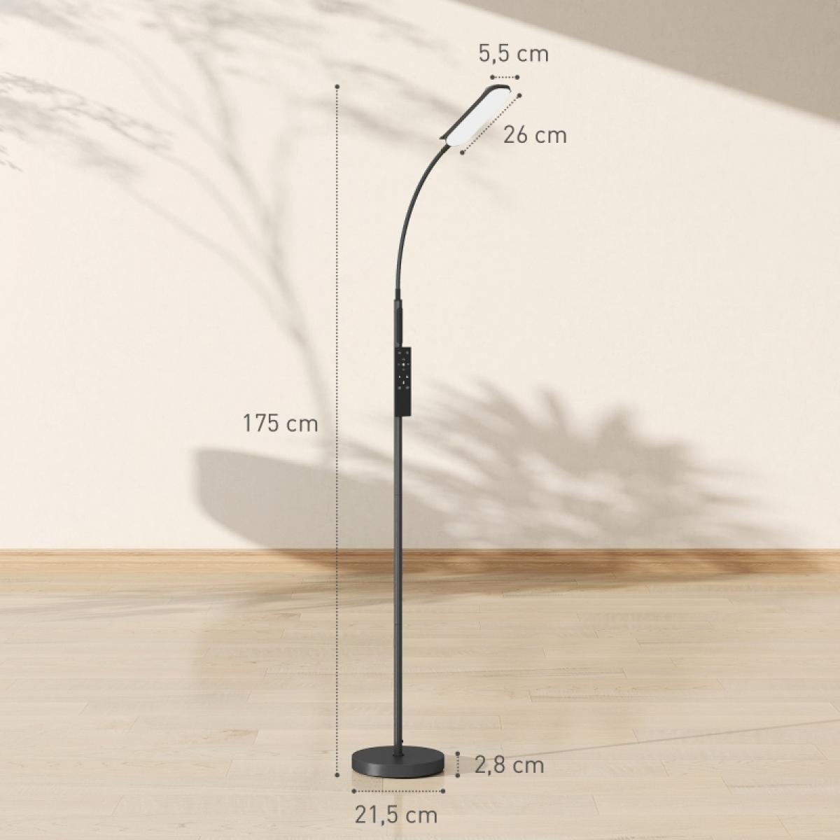 Eine schwarze Stehlampe mit Maßen. Sie hat einen runden Sockel, eine gerade Stange und eine gebogene Oberseite mit Licht. Die Abmessungen werden angezeigt.