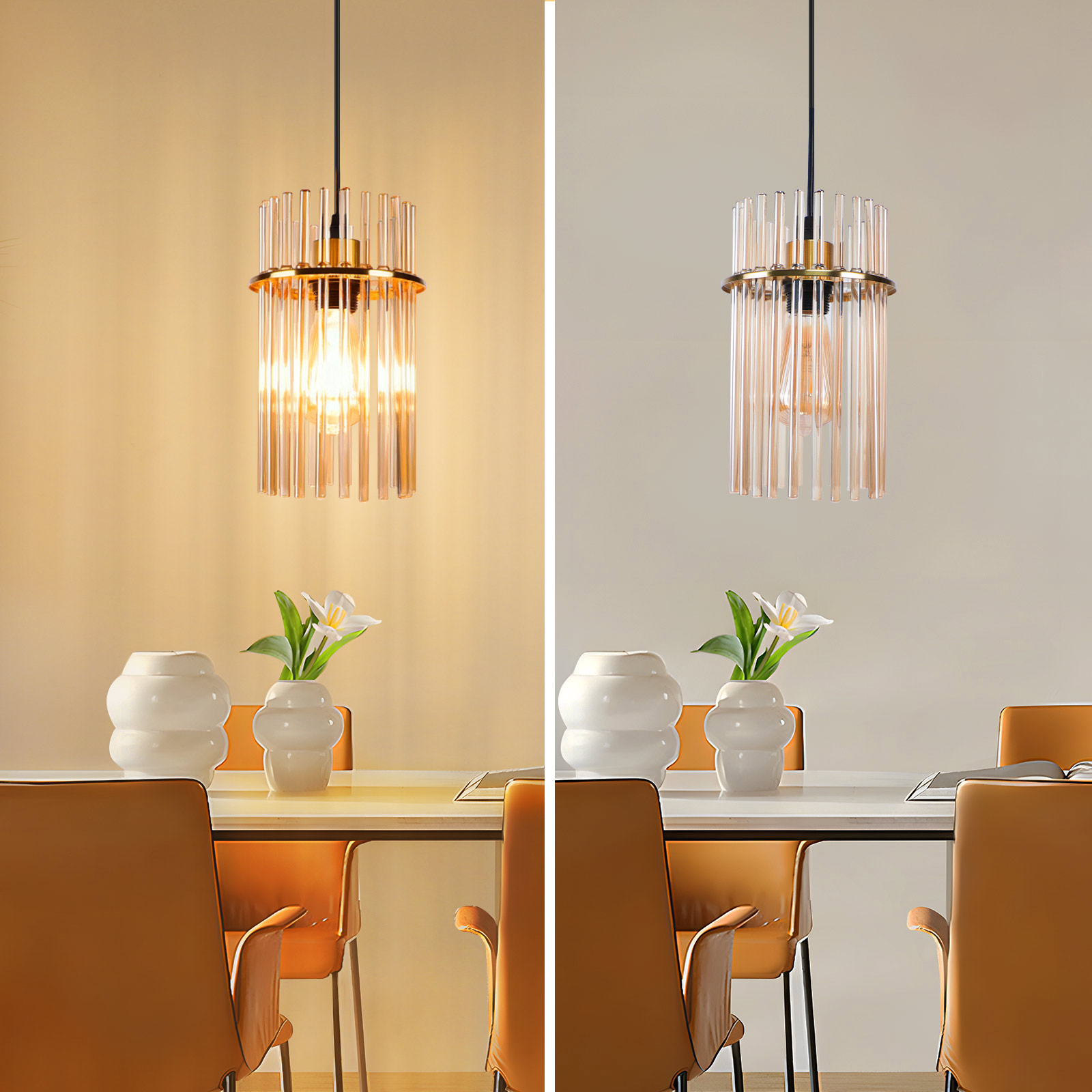 Eine moderne Deckenleuchte mit Glühbirne hängt über einem Tisch. Weiße Vasen mit Blumen und orangefarbene Stühle darunter.
