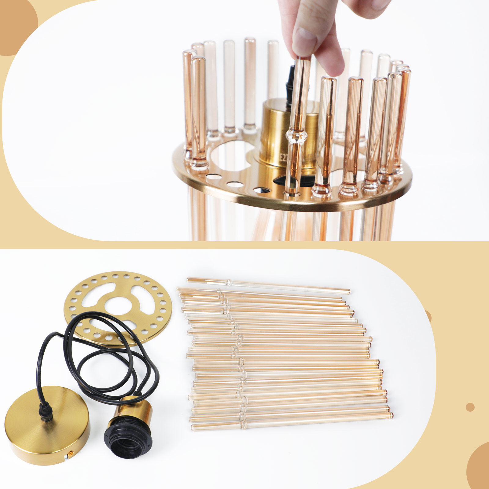 Eine Hand montiert einen Kronleuchter. Zu den Teilen gehören Glasstäbe, ein goldfarbener Rahmen und elektrische Komponenten auf weißem Hintergrund.