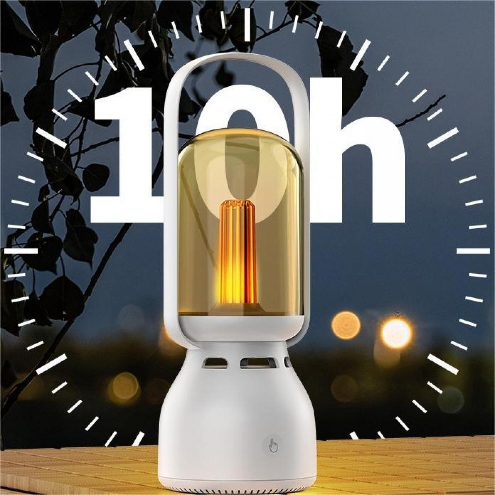 Eine weiß-goldene Laternenlampe mit warmem Licht, vor einer verschwommenen Nachtszene mit dem Text '10h'.