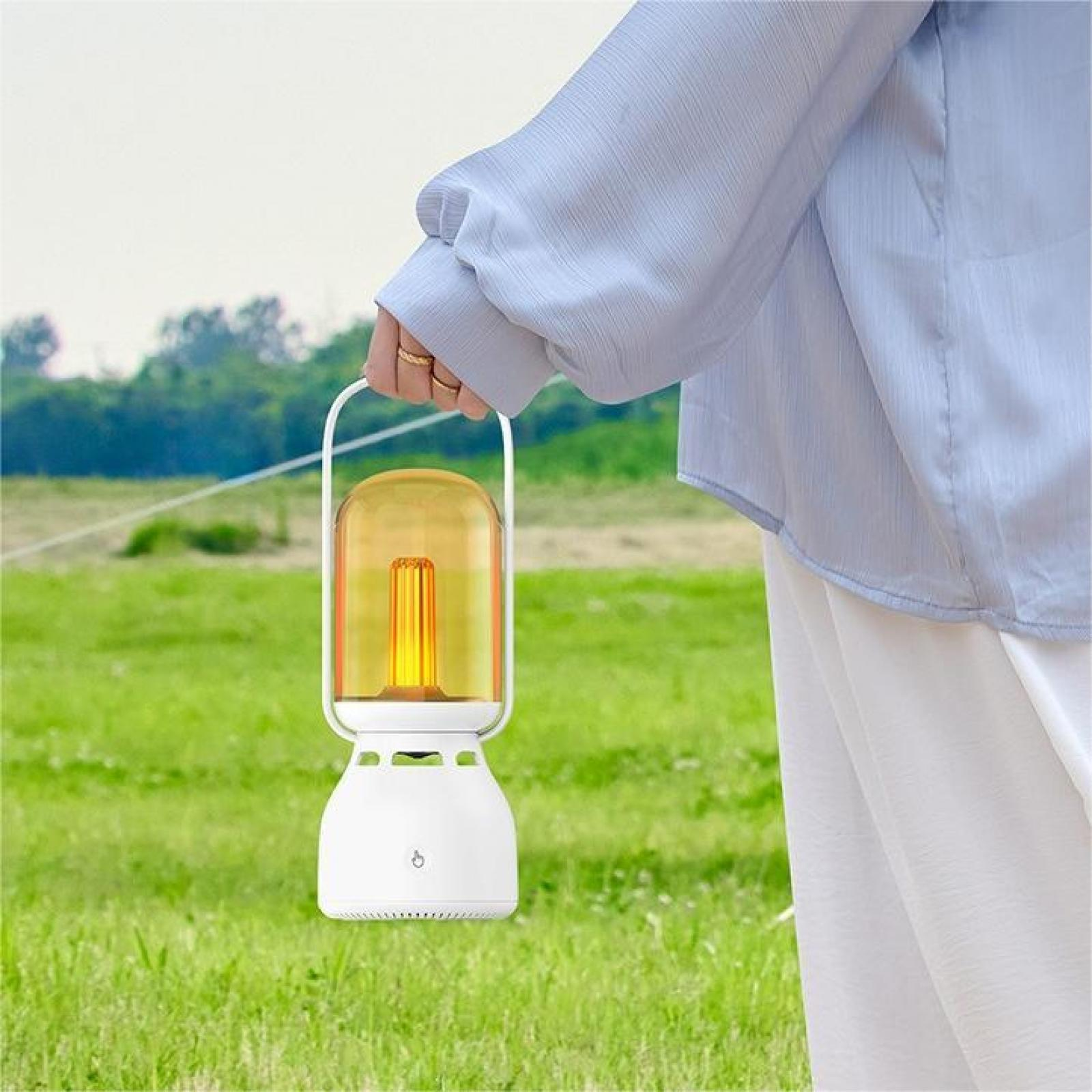 Eine Person hält eine weiße Laterne mit gelbem Licht auf einem grünen Feld. Die Person trägt hellblaue Kleidung.