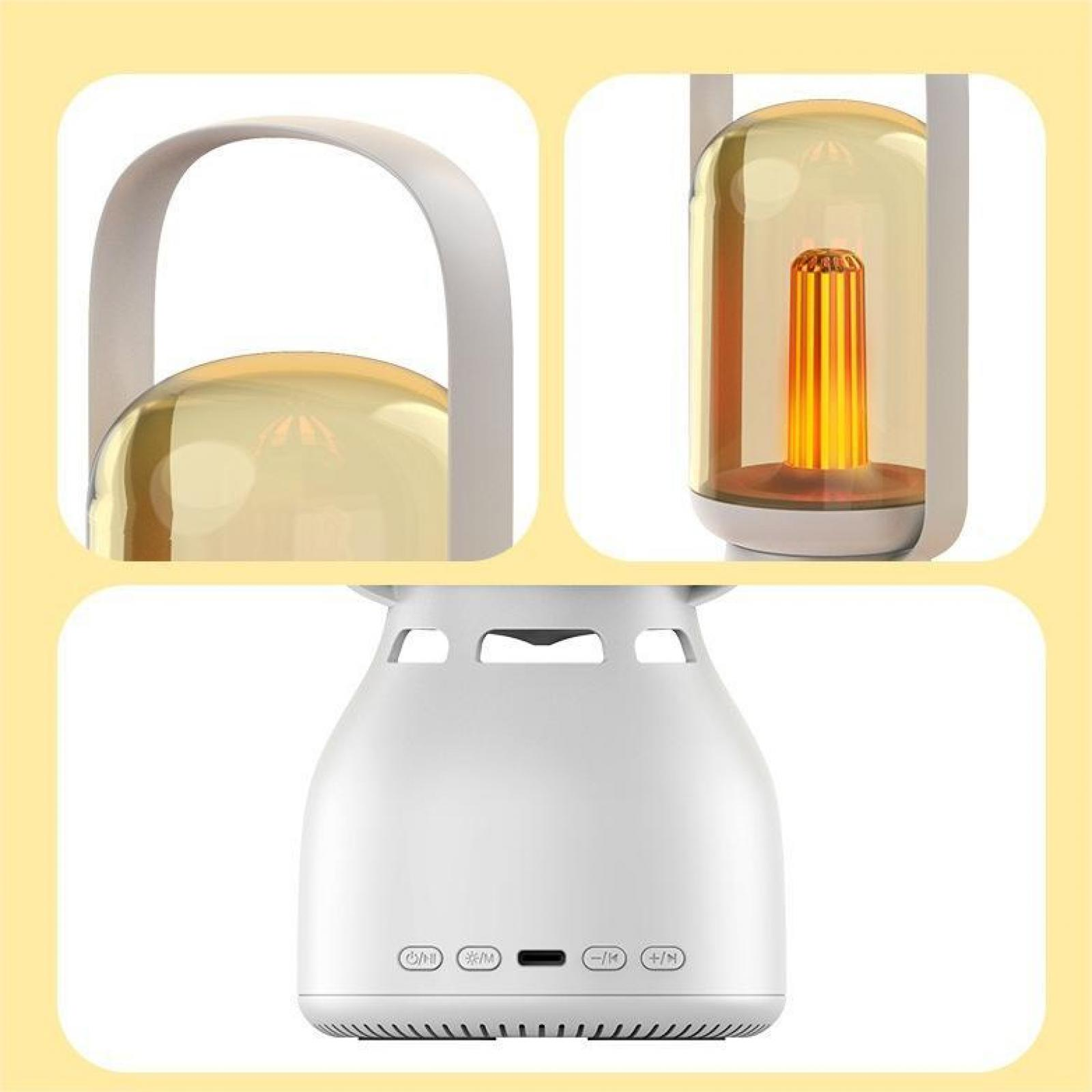 Eine weiße und gelbe Lampe mit Griff. Sie hat ein zylindrisches Glas mit einem orangefarbenen Licht und einen weißen Sockel.