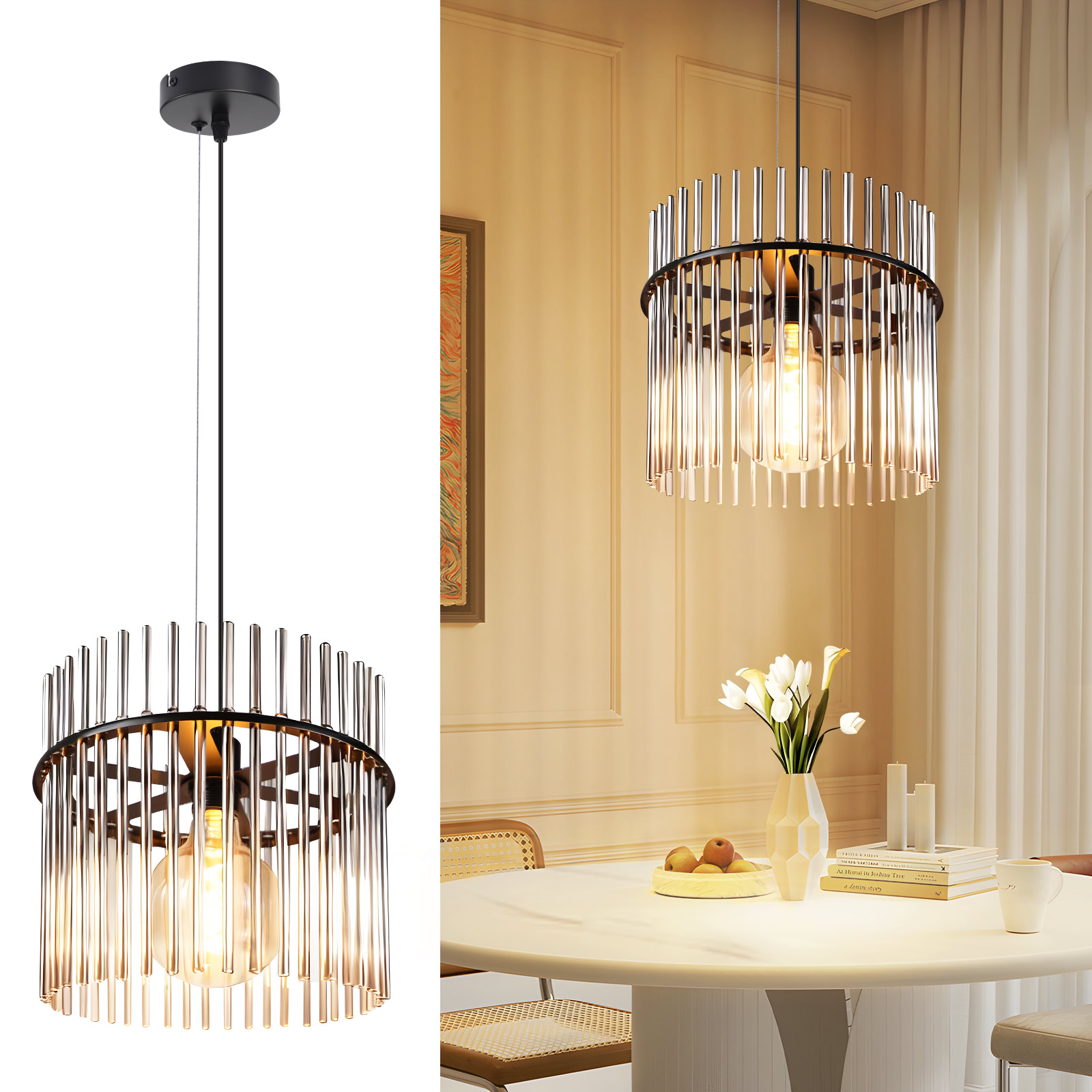Eine moderne Deckenleuchte hängt über einem Tisch, der für eine Mahlzeit gedeckt ist. Die Lampe hat vertikale Glasstäbe.