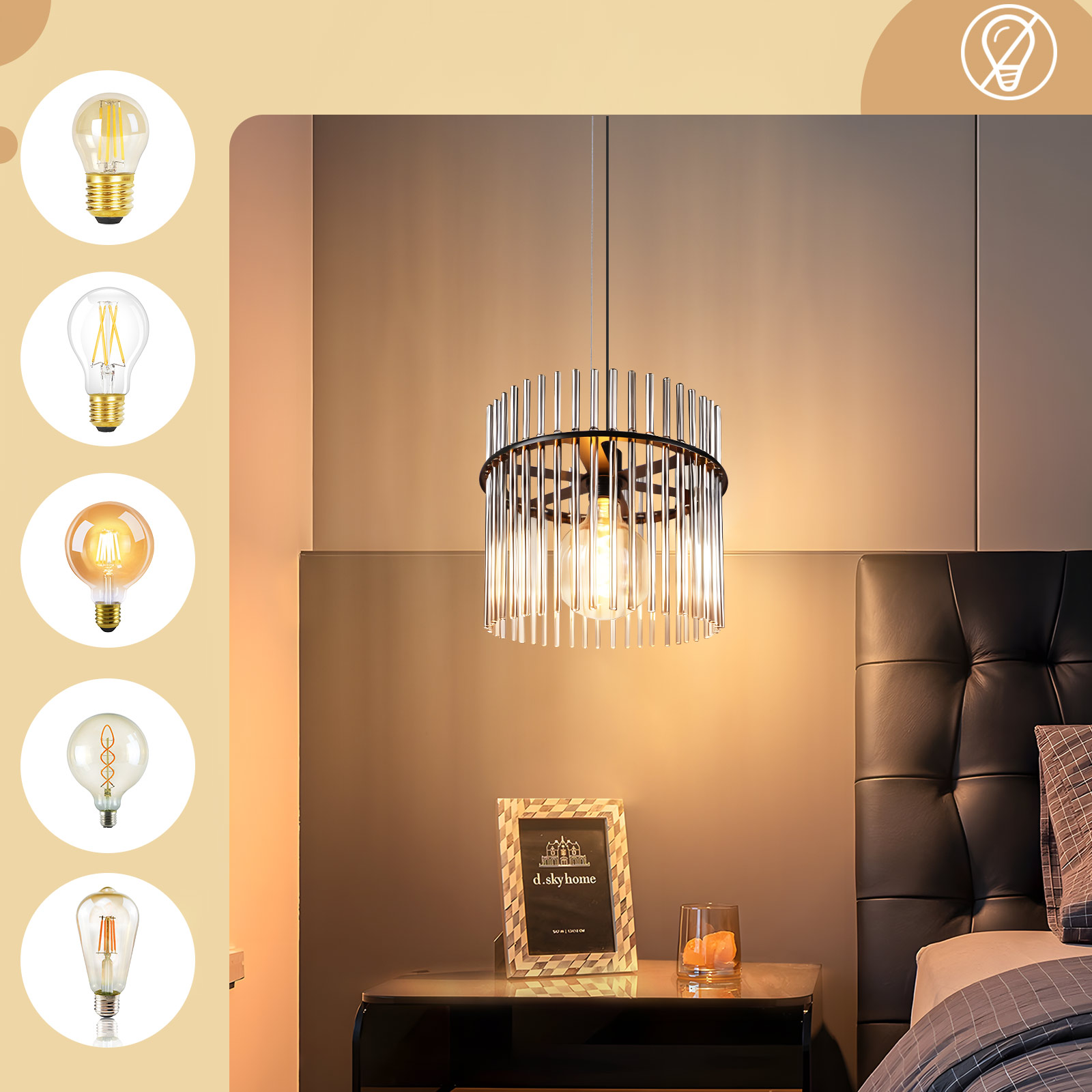 Schlafzimmer mit Kronleuchter, Nachttisch mit Rahmen und Glas sowie Bett mit Kissen. Mehrere Glühbirnen werden gezeigt.