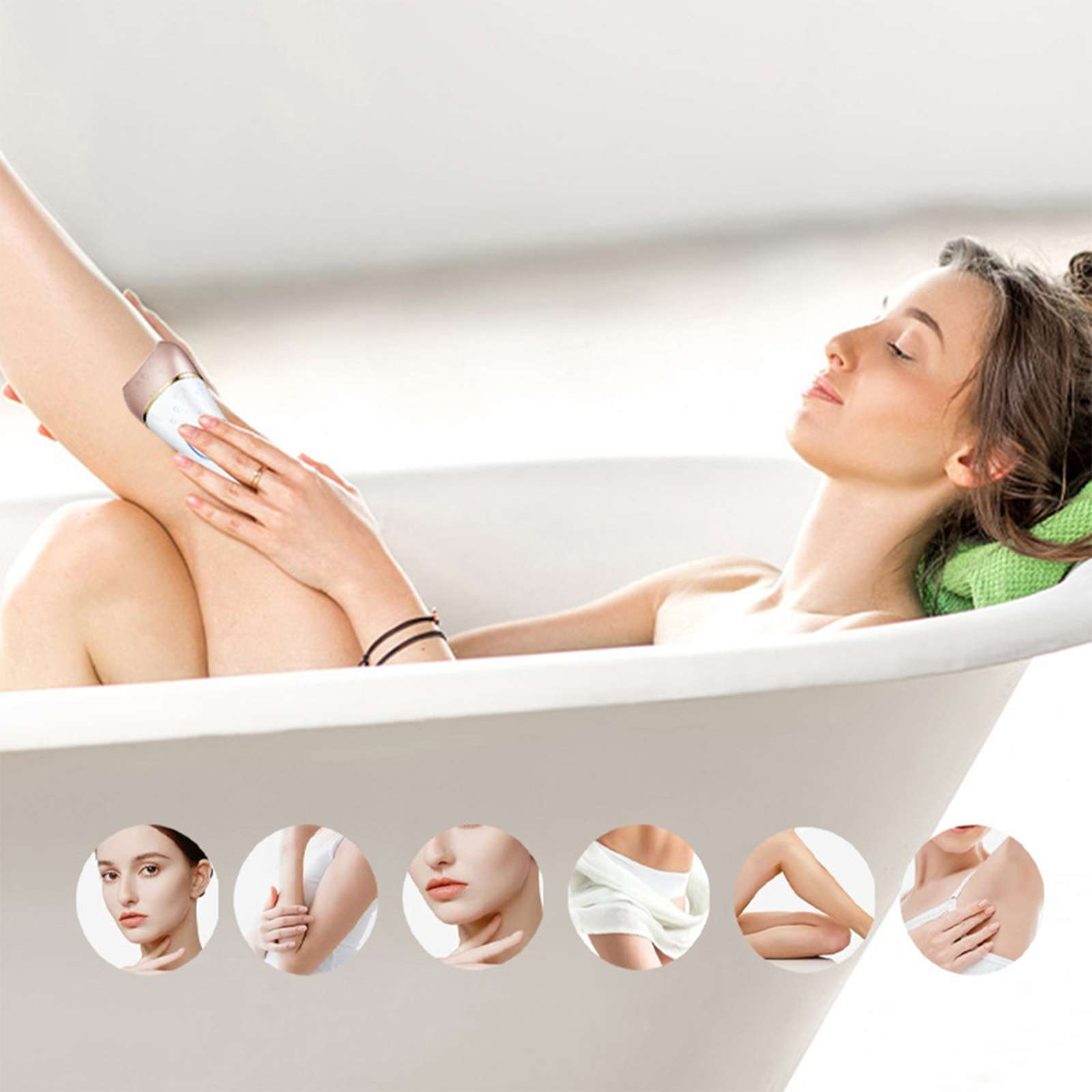 Eine Frau in der Badewanne benutzt einen Epilierer an ihrem Bein. Sie entspannt sich mit geschlossenen Augen.