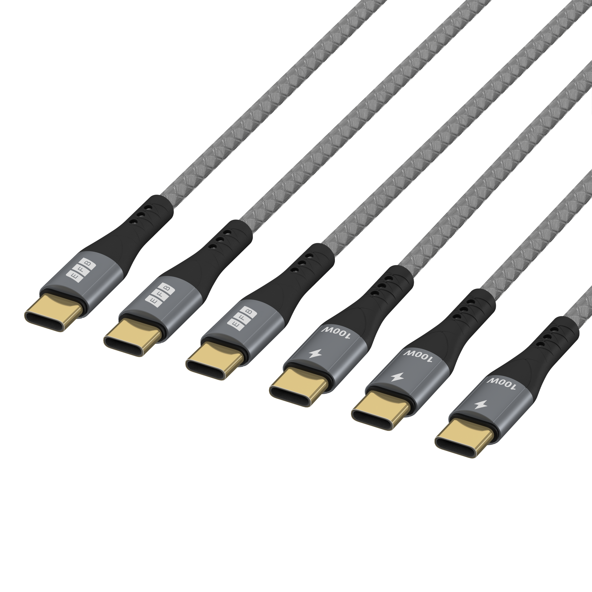 Diversi cavi USB-C angolati su sfondo bianco. I cavi hanno cavi intrecciati grigi e connettori neri e grigi.