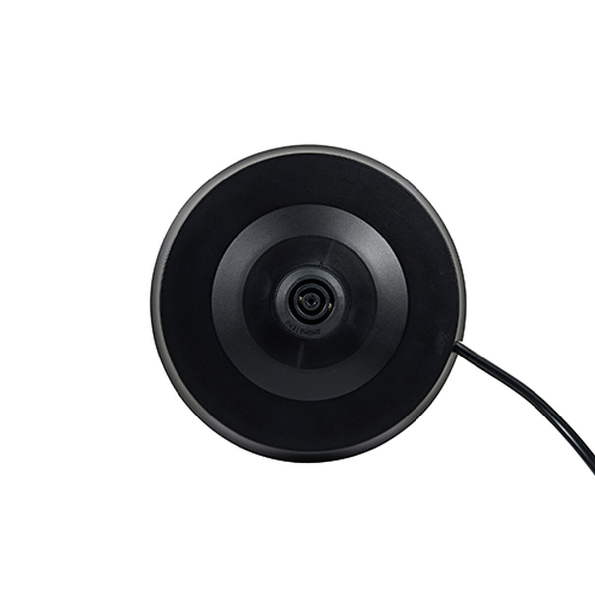 Vista superior de una base de hervidor eléctrico negro. Un cable de alimentación negro se extiende hacia la derecha sobre un fondo blanco.