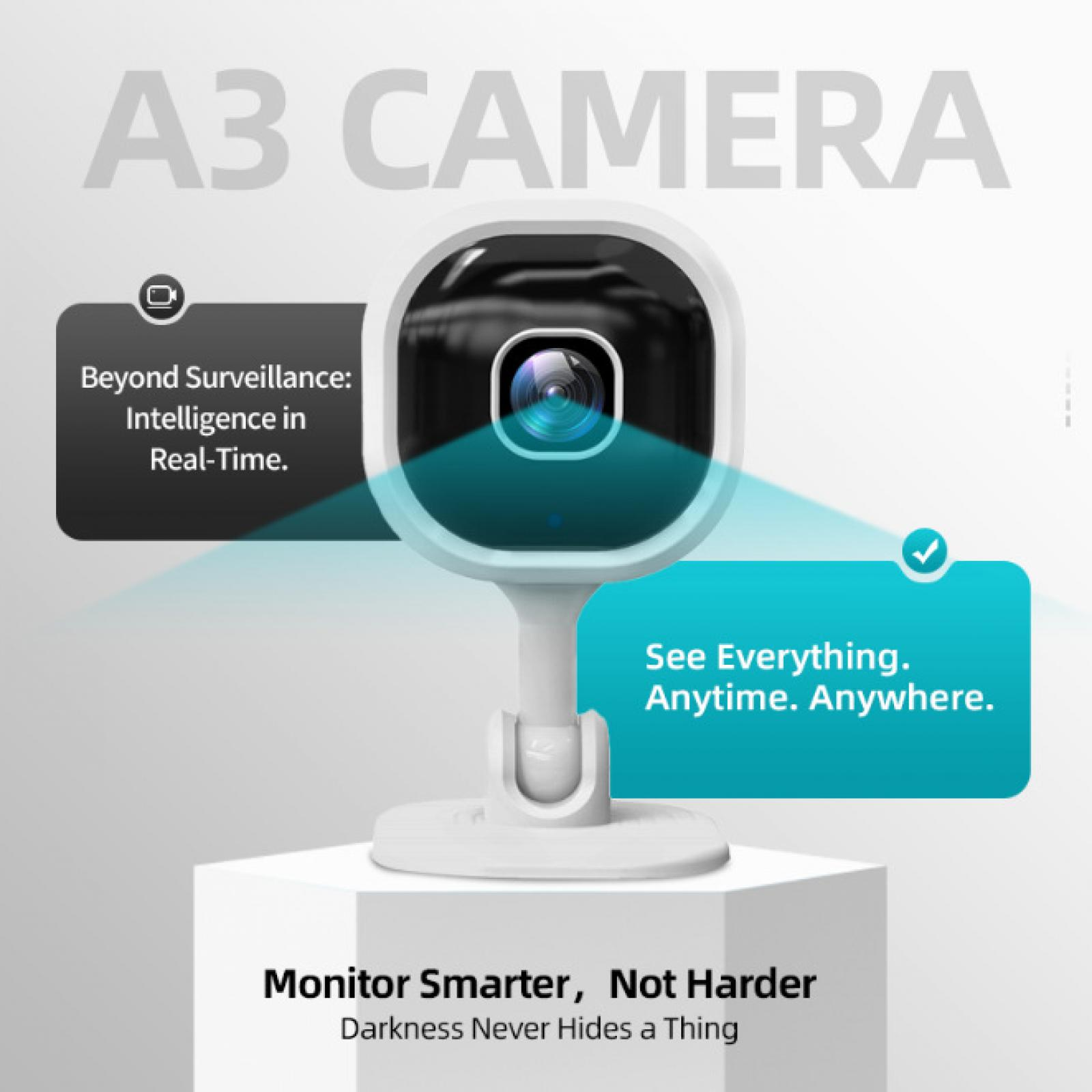 Weiße A3-Kamera auf weißem Ständer. Text: Beyond Surveillance, See Everything, Monitor Smarter.