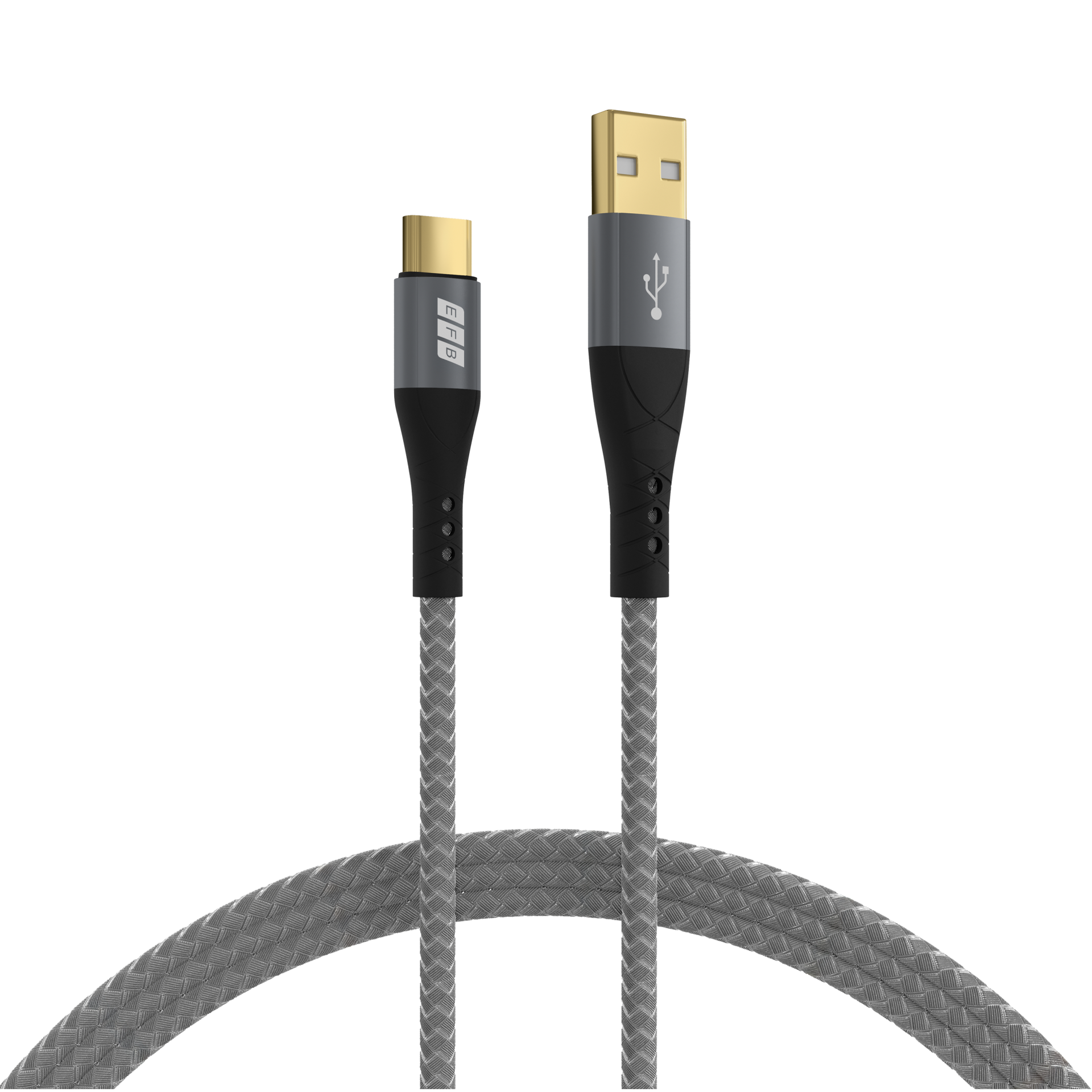Ein USB-C-zu-USB-A-Kabel. Es hat einen goldenen USB-A-Anschluss, einen grauen und schwarzen Körper und ein geflochtenes graues Kabel.