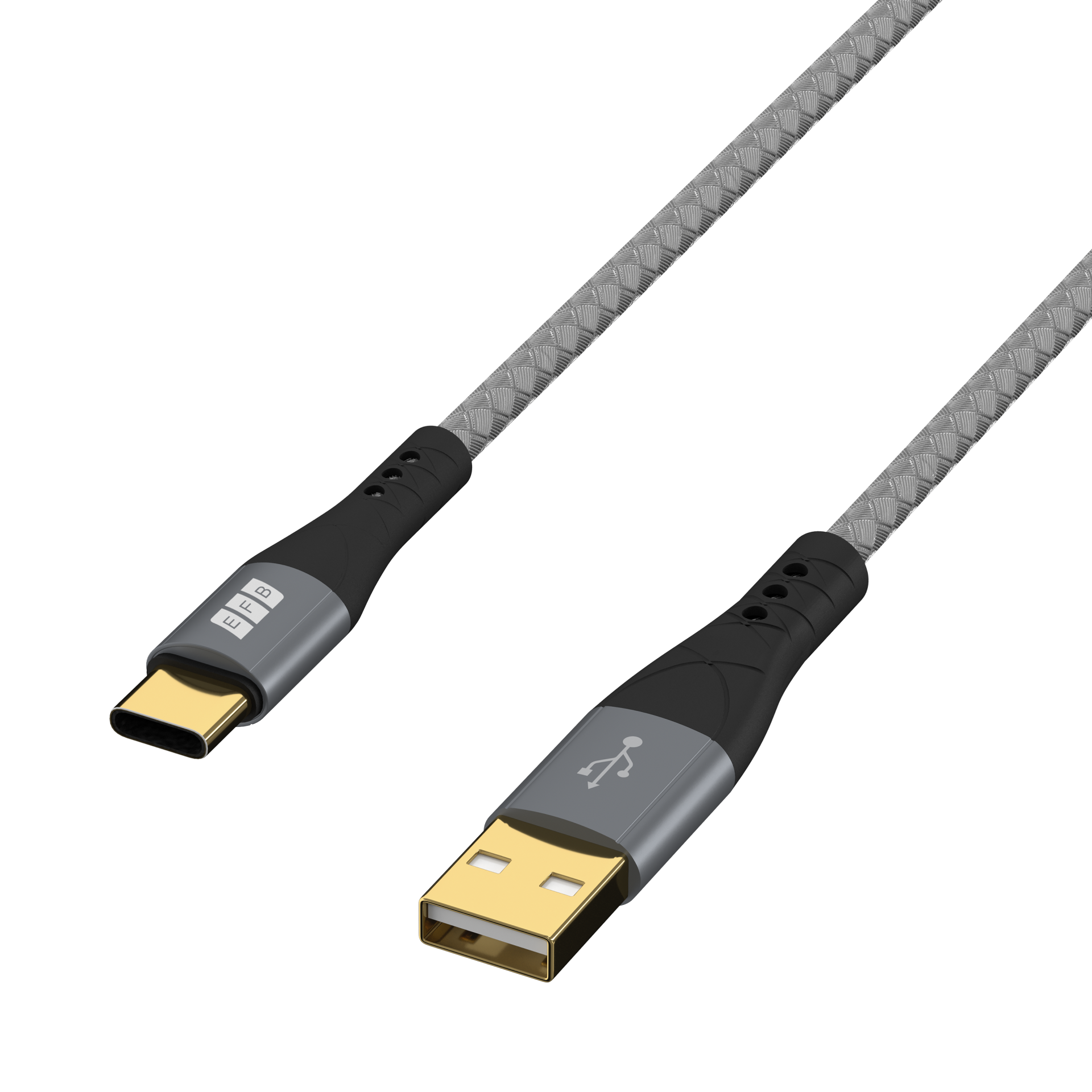 Ein USB-Kabel mit USB-C- und USB-A-Anschluss. Das Kabel ist grau, mit schwarzen Steckerenden und goldenen Kontakten.