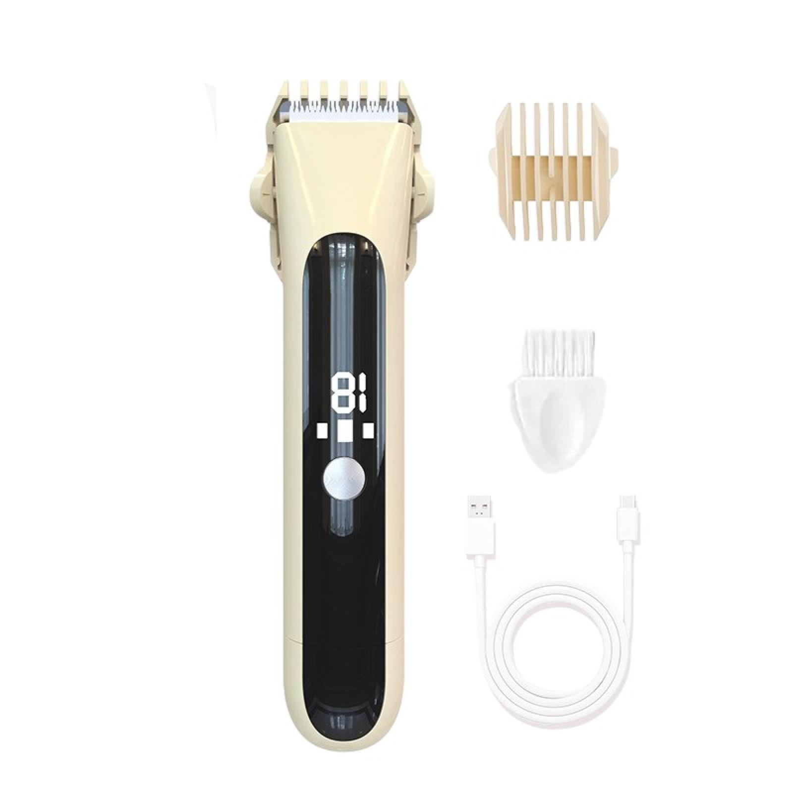 Haarschneider, Zubehör und ein USB-Kabel auf Weiß. Der Haarschneider ist beige und schwarz. Das Zubehör ist beige und weiß.