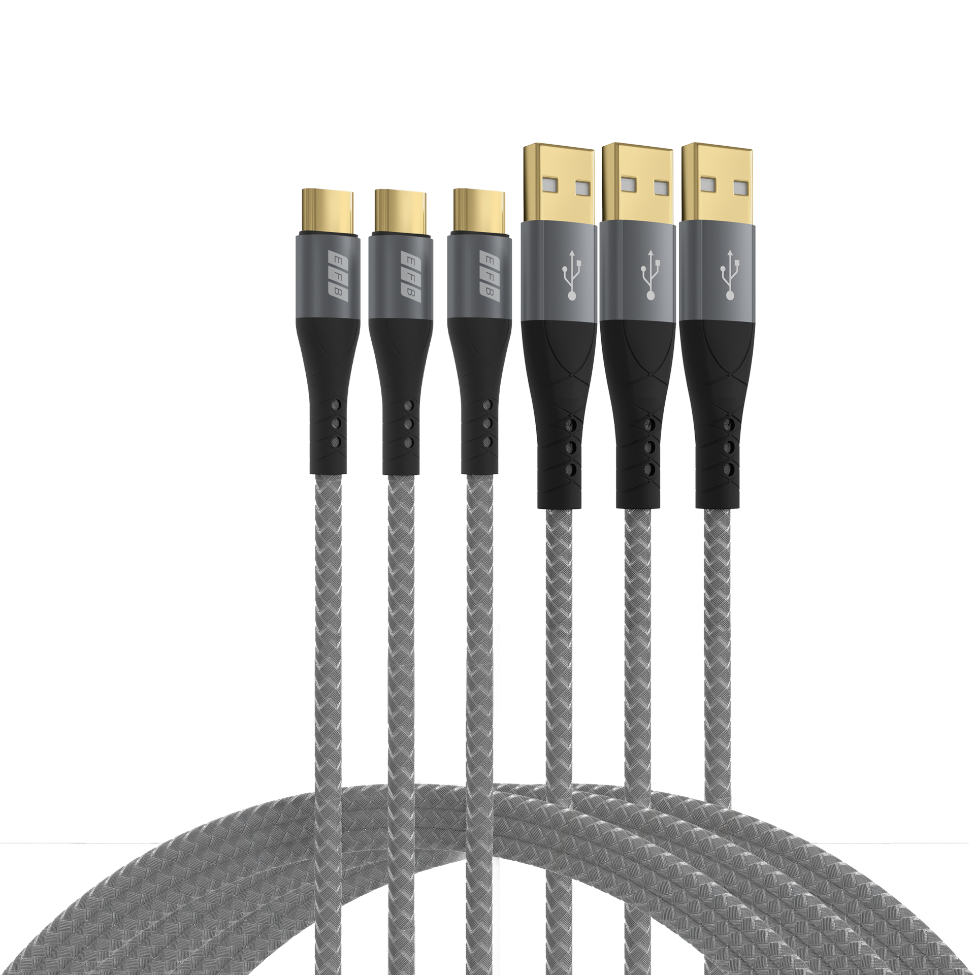 Mehrere Ladekabel mit verschiedenen Anschlusstypen, graue geflochtene Kabel und goldfarbene Metallanschlüsse sind sichtbar.