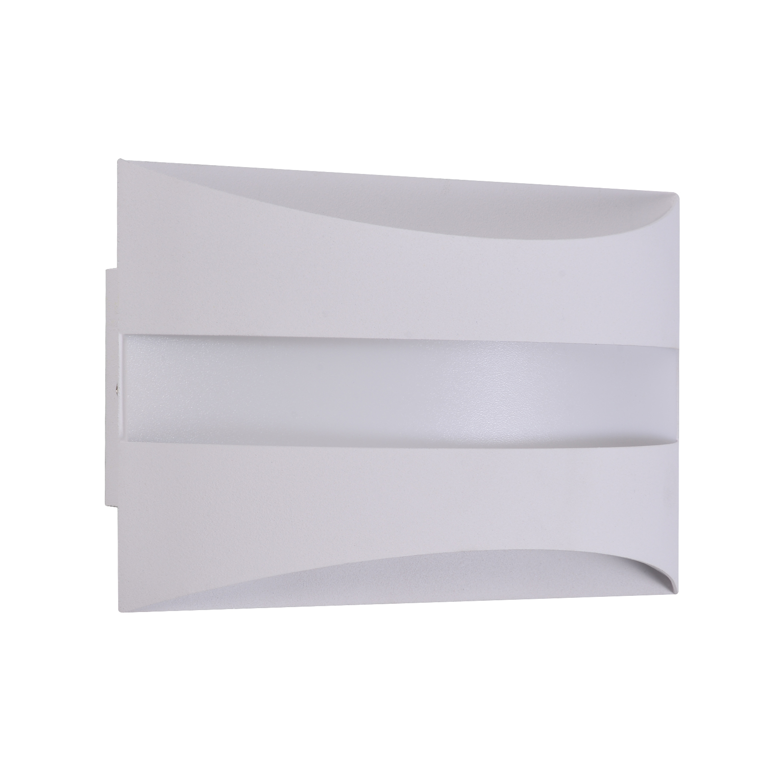 Un'applique da parete bianca dal design curvo. Ha tre sezioni orizzontali curve.