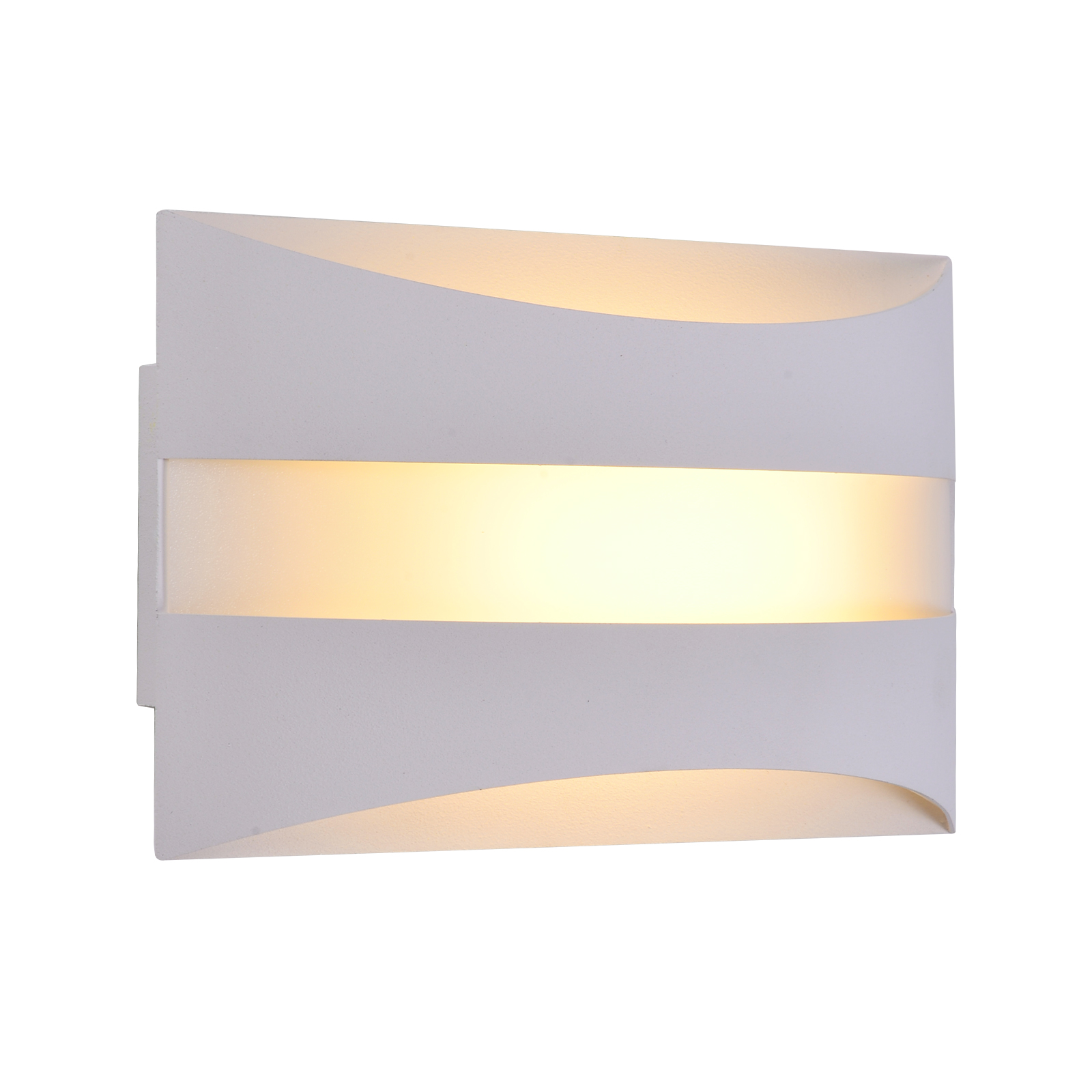 Applique bianca con bordi curvi e una sezione centrale illuminata che emette luce calda.