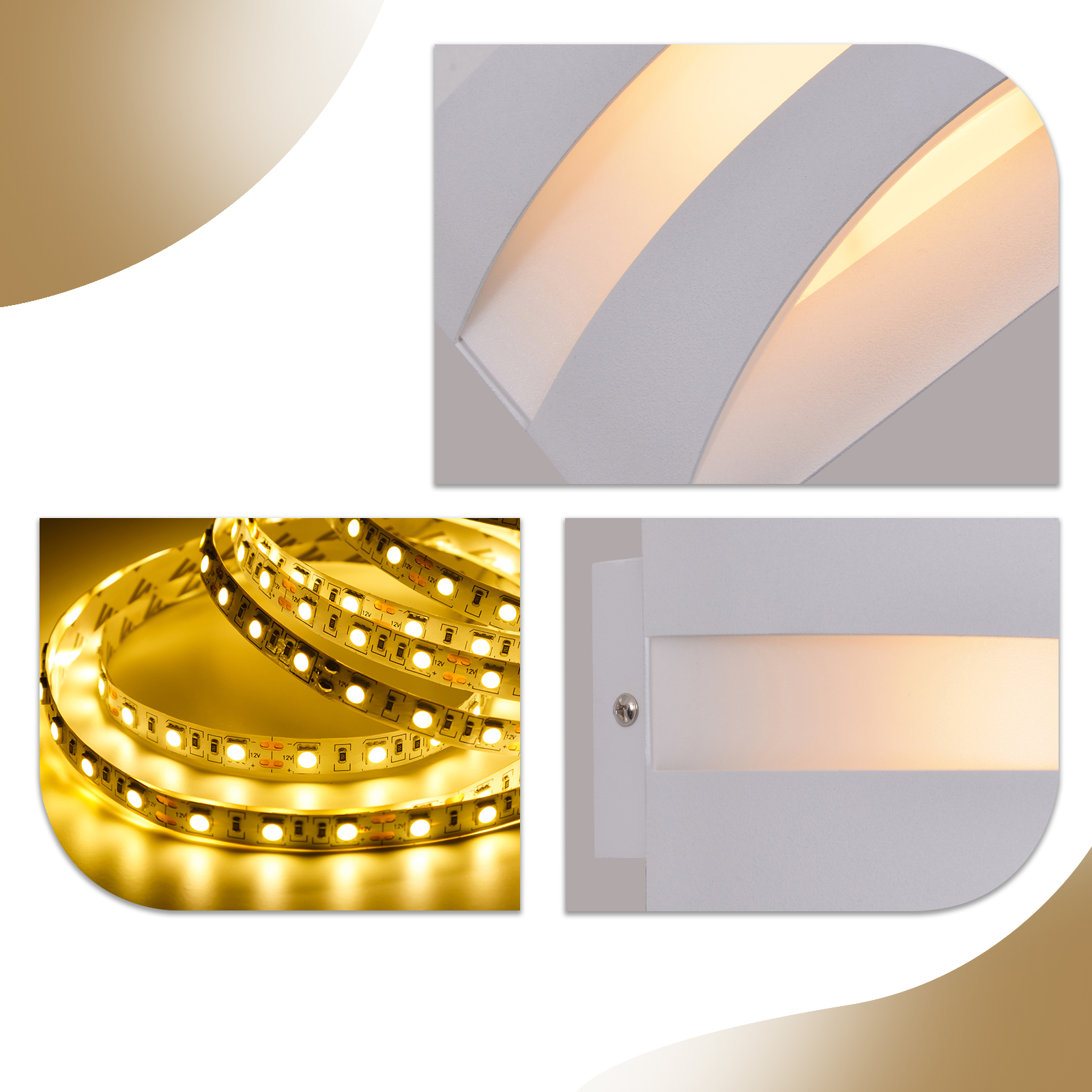 L'immagine mostra luci a strisce LED e apparecchi di illuminazione. Le luci sono giallo brillante. Gli apparecchi sono bianchi con luce gialla tenue.