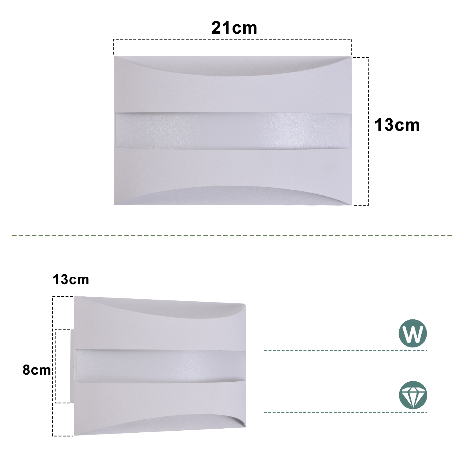Sono visualizzate due applique bianche, una sopra l'altra, con le dimensioni indicate. Quella superiore è 21 cm per 13 cm. Quella inferiore è 13 cm per 8 cm.