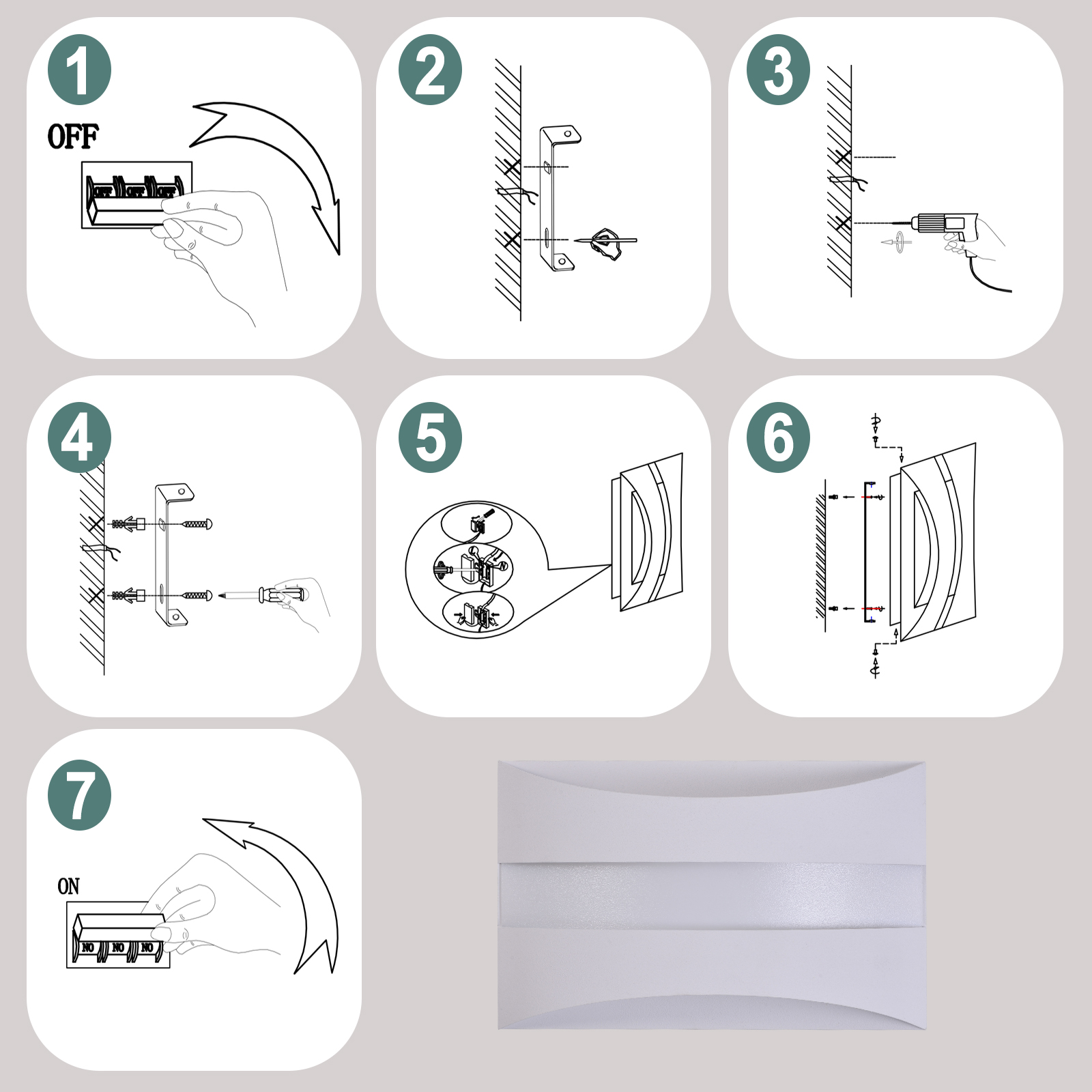 Il diagramma mostra i passaggi per l'installazione di un apparecchio di illuminazione. Include diagrammi di montaggio a parete, foratura e assemblaggio.