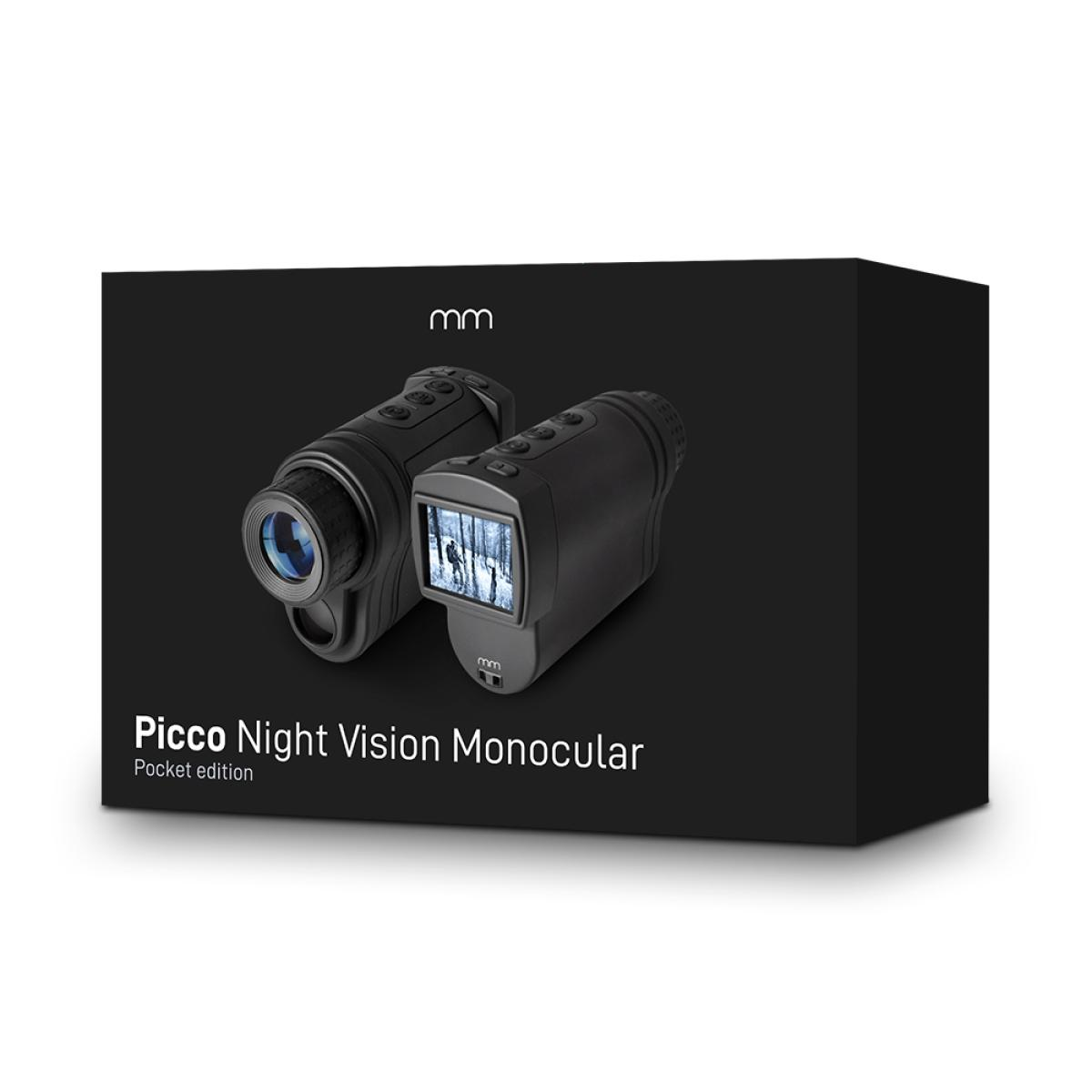 Zwarte doos met twee Picco Night Vision Monocular apparaten. Eén toont een nachtscène. De doos heeft het logo van het merk.