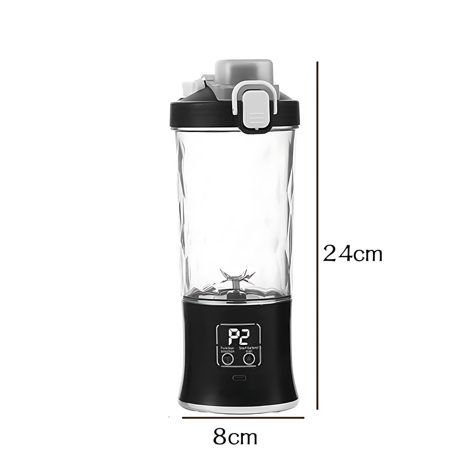 Ein schwarzer und klarer Mixer mit Digitalanzeige, 24 cm hoch und 8 cm breit, vor weißem Hintergrund.