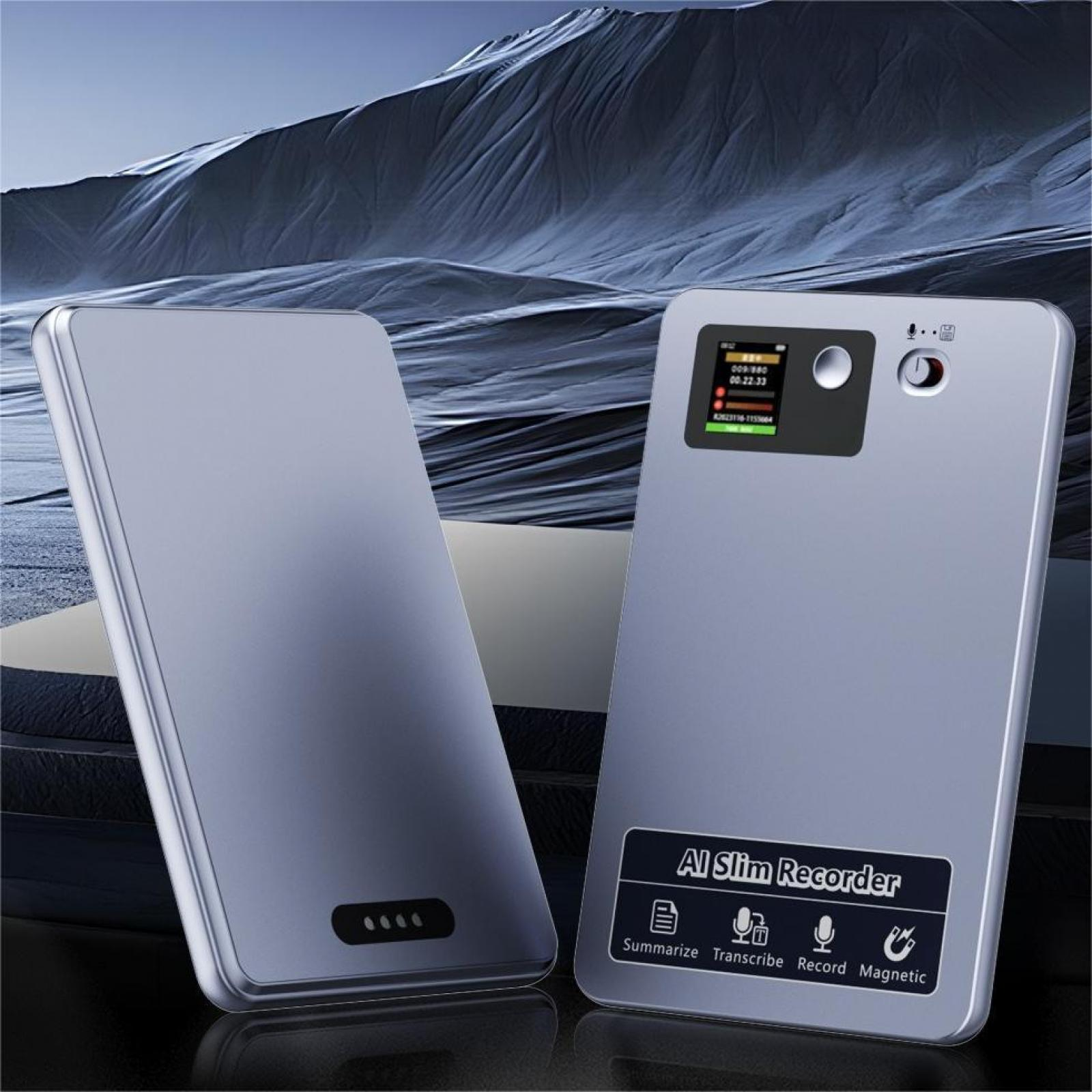 Zwei silberne AI Slim Recorder. Einer zeigt einen Bildschirm. Der Hintergrund ist eine graue, abstrakte Landschaft.