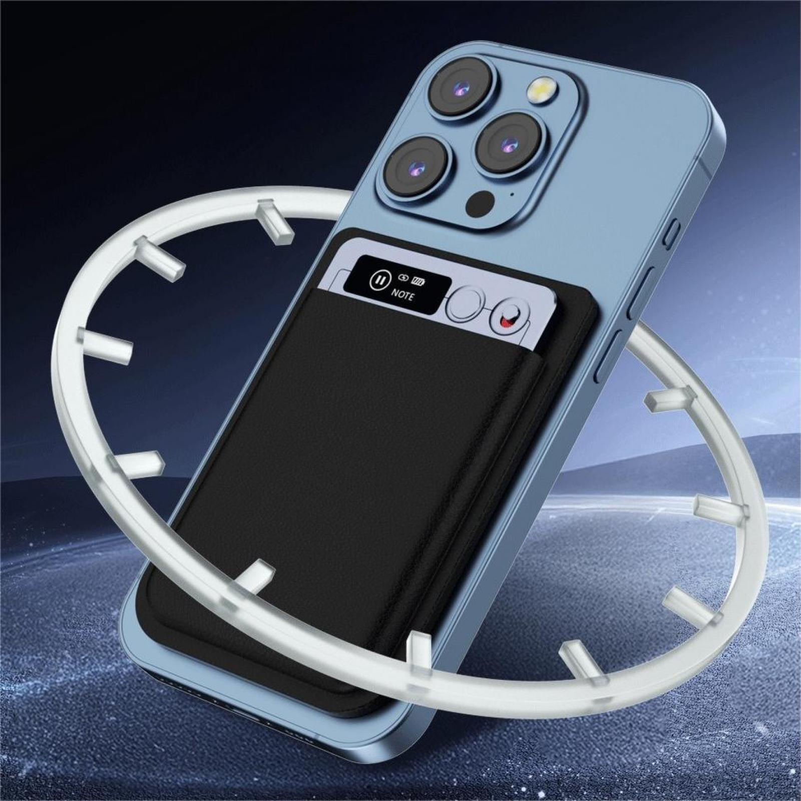 Blaues iPhone mit schwarzem Wallet-Case und weißem Ständer. Auf der Hülle befindet sich eine Karte mit dem Wort "NOTE".