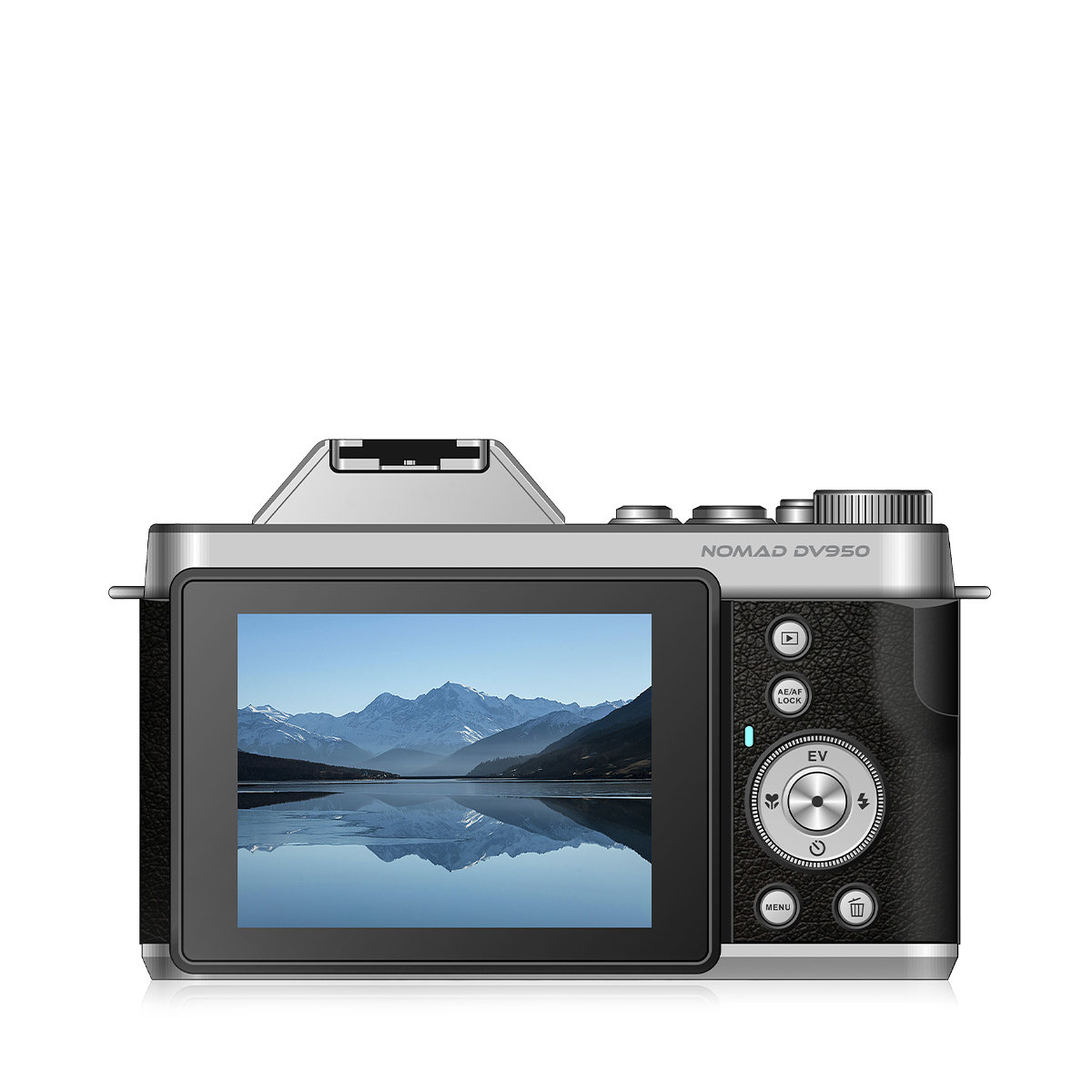 Aparat fotograficzny wyświetla scenę z górskim jeziorem. Aparat jest czarny i srebrny, z napisem Nomad DV950. Przyciski i ekran są widoczne.