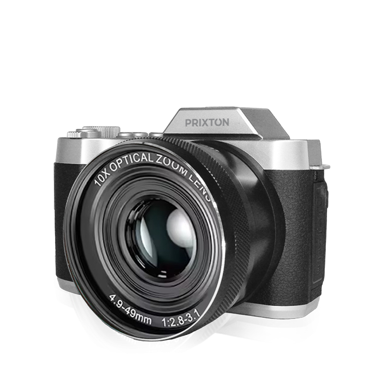 Srebrny i czarny aparat Prixton. Obiektyw ma 10-krotny zoom optyczny. Aparat znajduje się na białym tle.